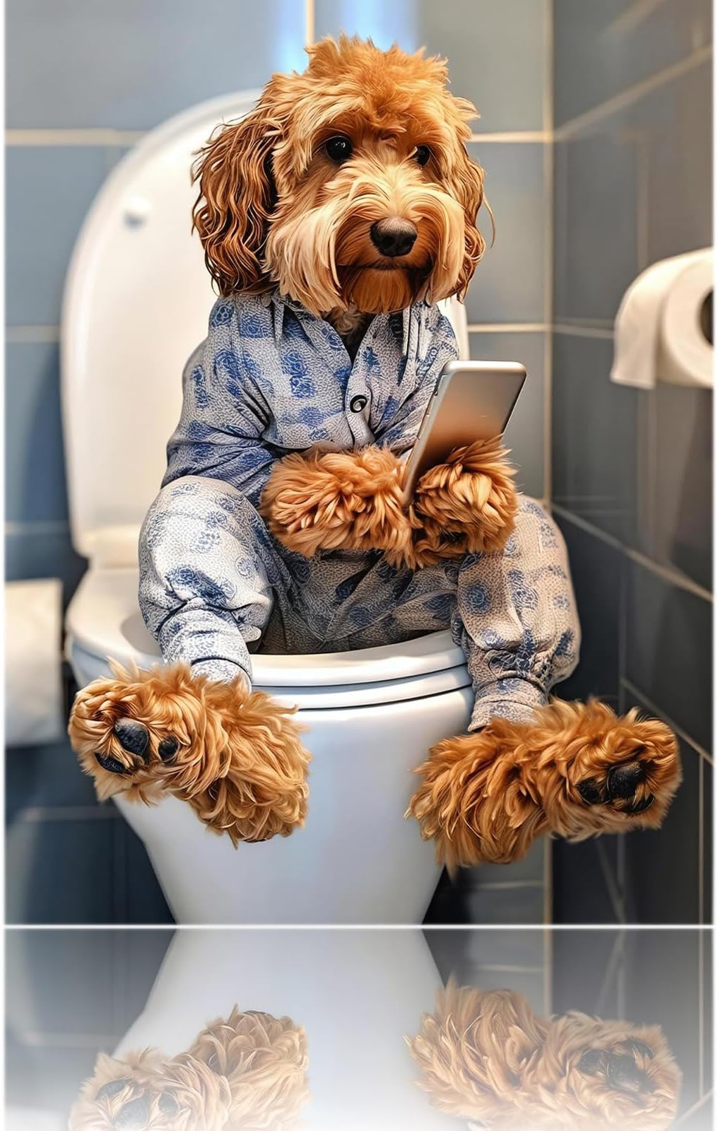 Kaket Pet Dog Bathroom Wall Art Poster, Dog Reading Newspaper on Toilet, Animal Themed Wall Poster for Bathroom Toilet Decor, Vintage Wall Art Prints 30 x 40 cm (A-502)