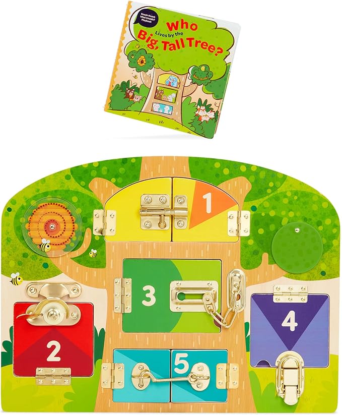 Battat Education – Planche à loquets en bois jouet sensoriel pour tout-petits, portes et verrous Montessori pour développer la motricité fine, jouet éducatif 3+ ans