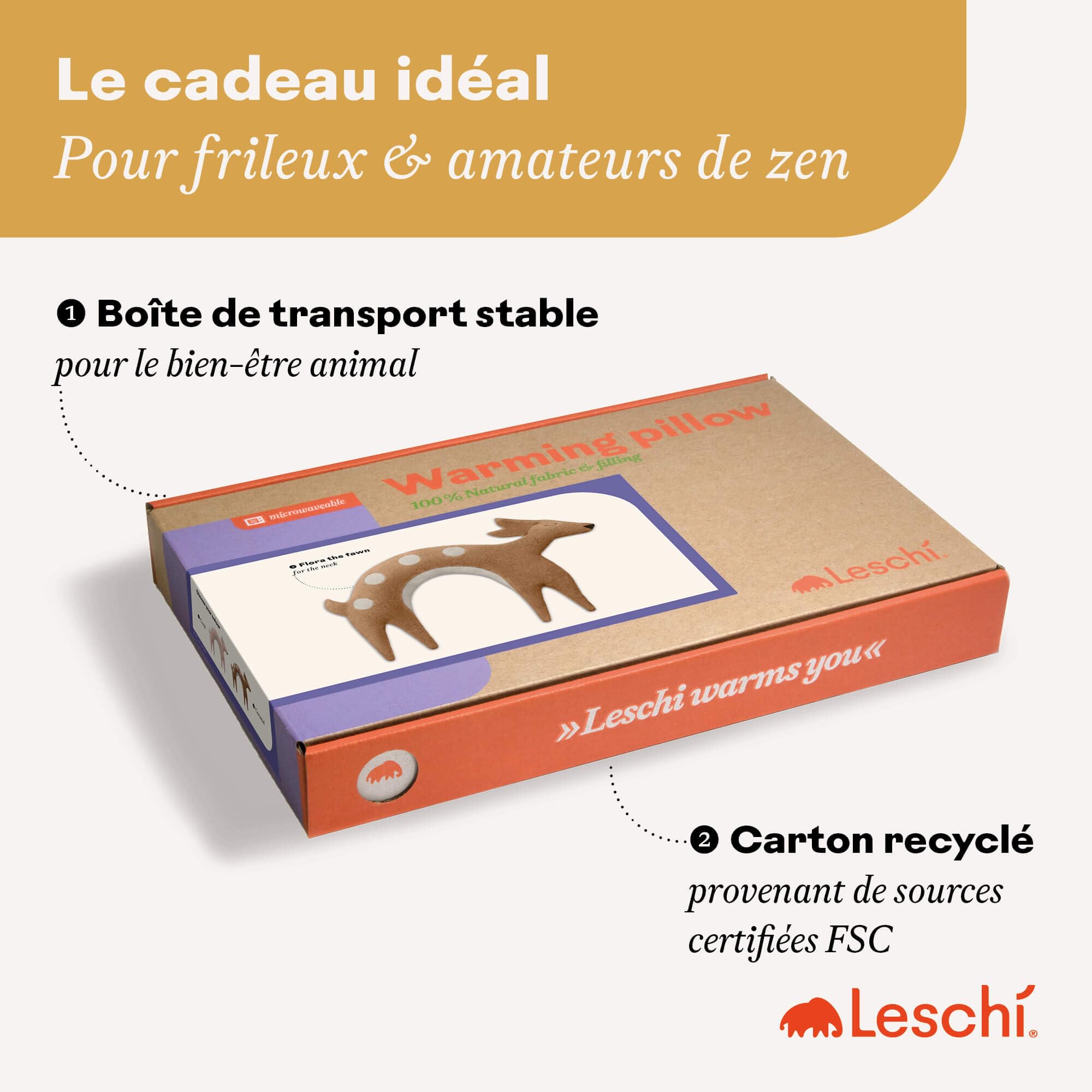 LESCHI Coussin chauffant micro ondes en coton 100% bio, Faon brun doré, Bouillotte graines de blé 100% bio, Bouillotte micro-ondes idéale pour réchauffer cervicale, épaules, cou, nuque