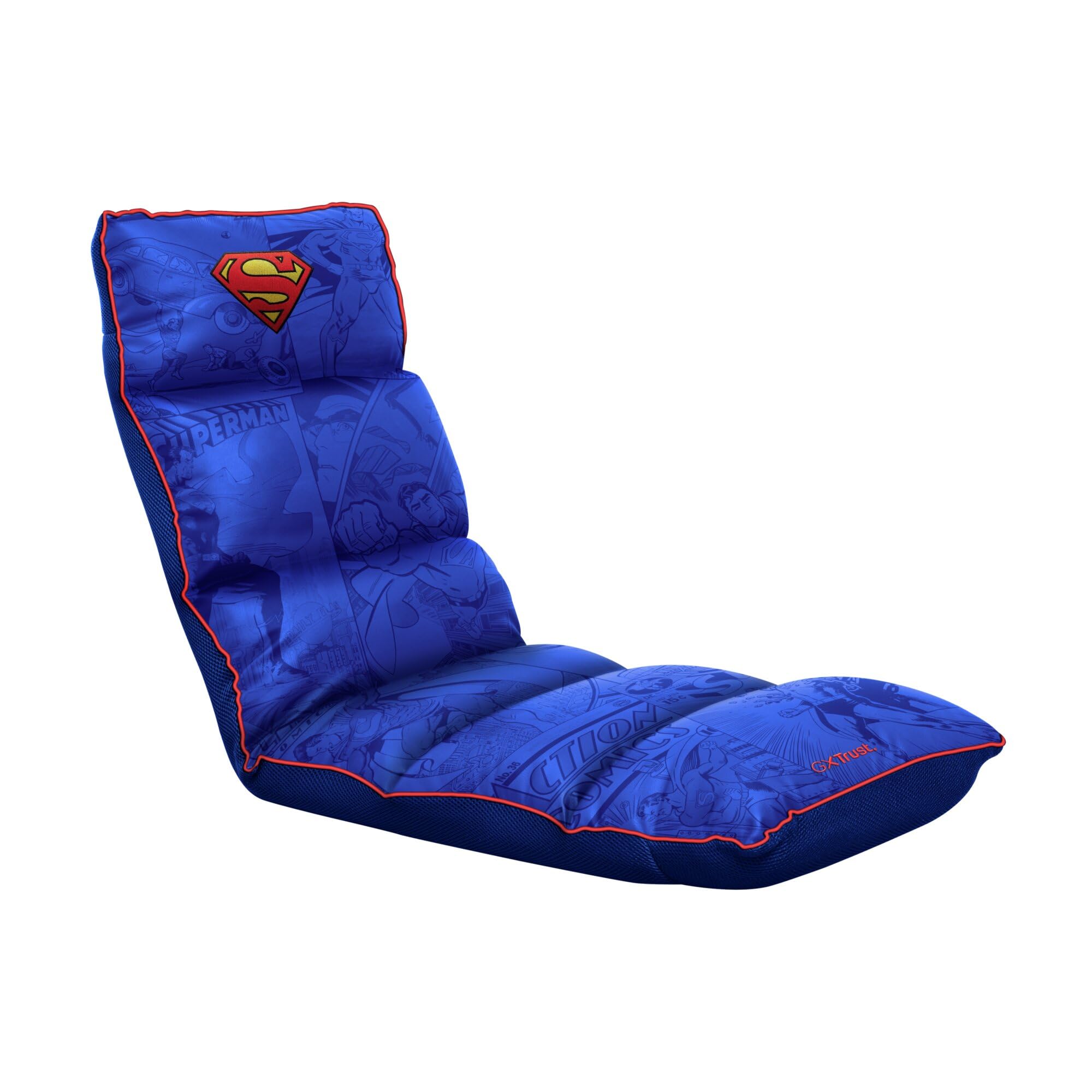 GXTrust 718SM Rayzee Superman Lizenziert Klappbarer Gaming Stuhl, Bodenstuhl mit Rückenlehne für Konsolen Gaming, bis 125 kg Belastbar, Sitzkissen mit Liegefunktion Videospiele Entspannung, Blau