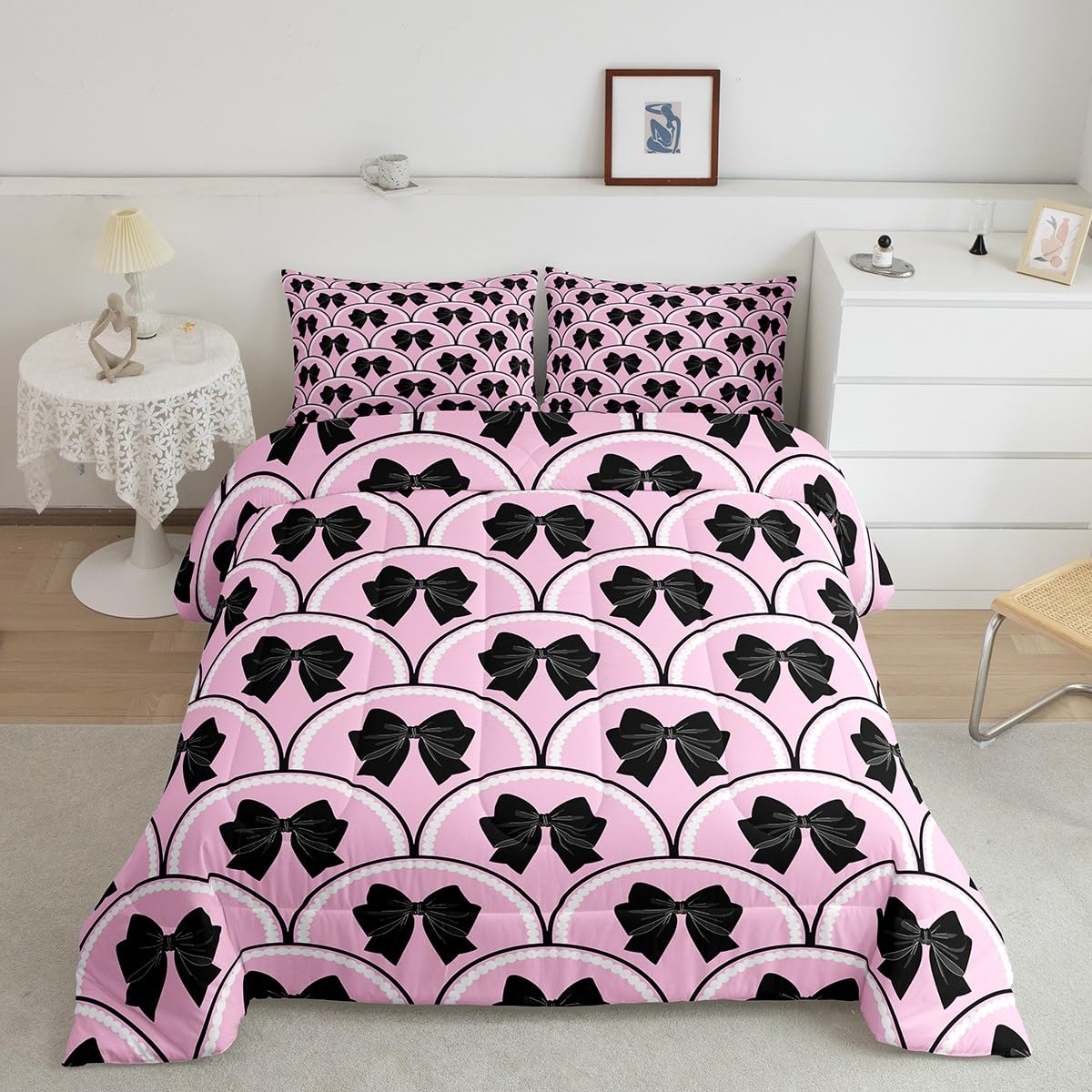 Juego de ropa de cama con lazo de acuarela para niñas y niños, tamaño individual, lindo lazo, edredón de coqueta, edredón rosa y negro, 2 piezas, ropa de cama transpirable, suave y ligera de