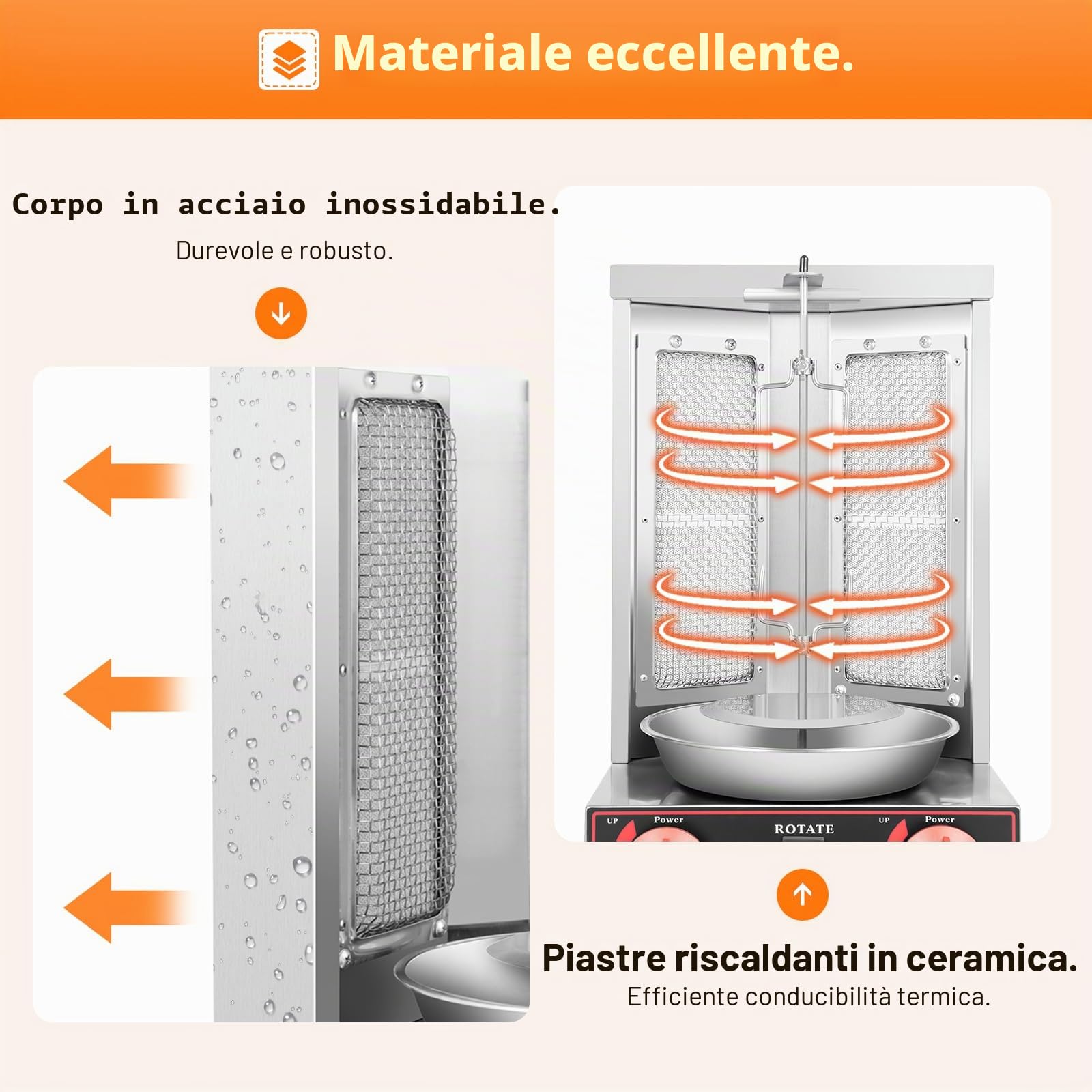 Barbecue per kebab a gas, macchina per kebab da 3000 W, rotazione a 360 °, gamma di temperatura RT-300 °C, barbecue a gas verticale in acciaio inox, girarrosto automatico