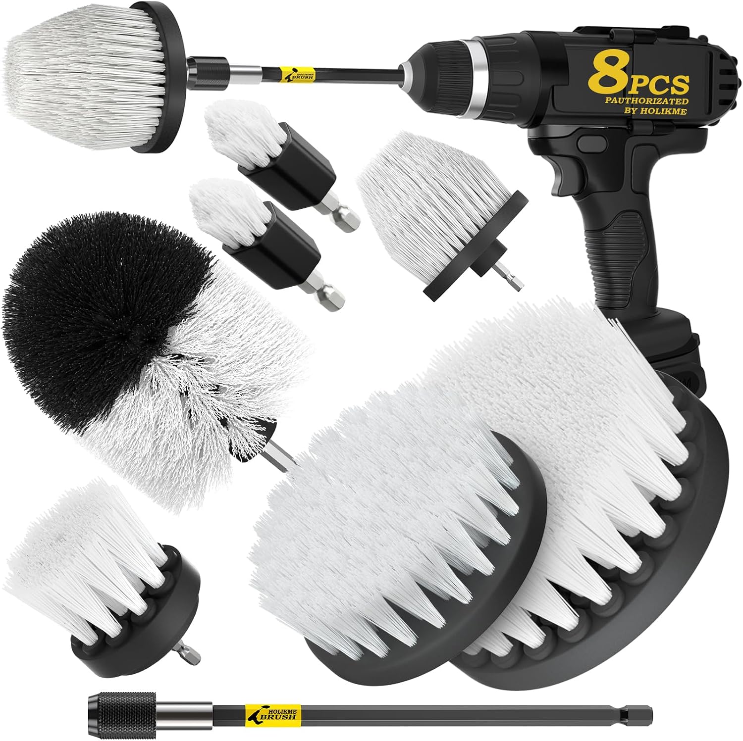 Holikme 8Pc Drill Brush Set - Scrub Brushes with Extension for Home Clean | Nylon Fibers, Power Scrubber Attachments for Tile, Tub, Shower, Floors, Kitchen and Auto Interior Care, Cleaning Tools, Black