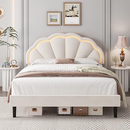 HIFIT Marco de cama LED inteligente tapizado Queen con cabecera ajustable y elegante marco de cama de plataforma tamaño Queen con soporte de