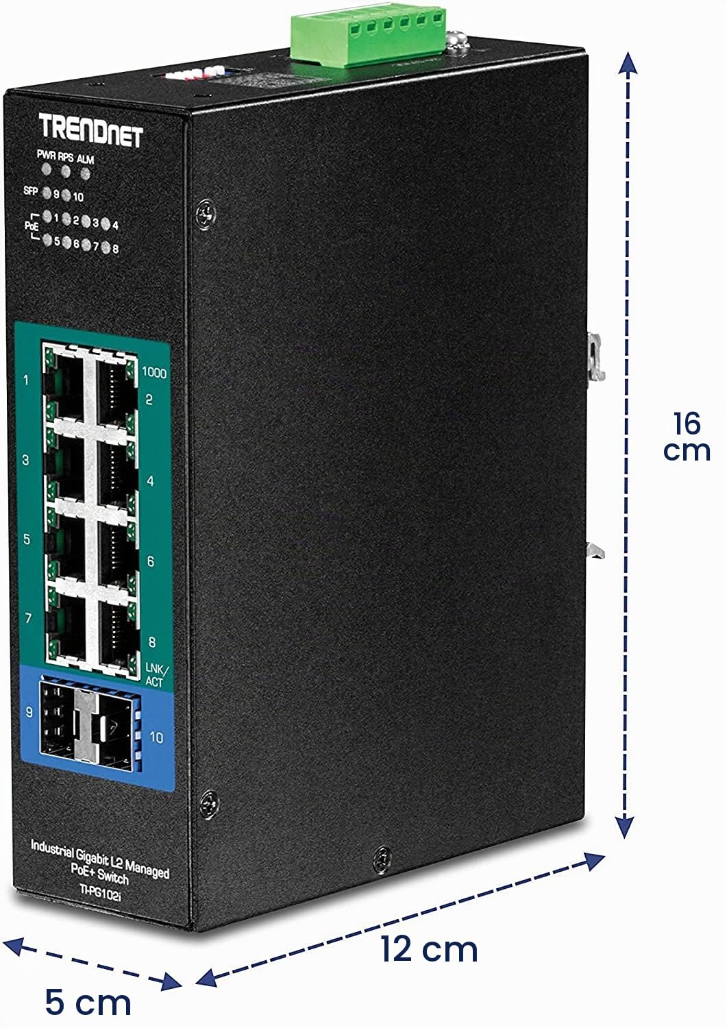 TRENDnet, TI-PG102I, Commutateur Industriel PoE+ sur Rail DIN Gigabit L2 géré à 10 Ports, 8 Ports PoE+ Gigabit, Montage sur Rail DIN, 2 emplacements SFP, entrée d'alimentation 24–57 V CC, IP30, VLAN