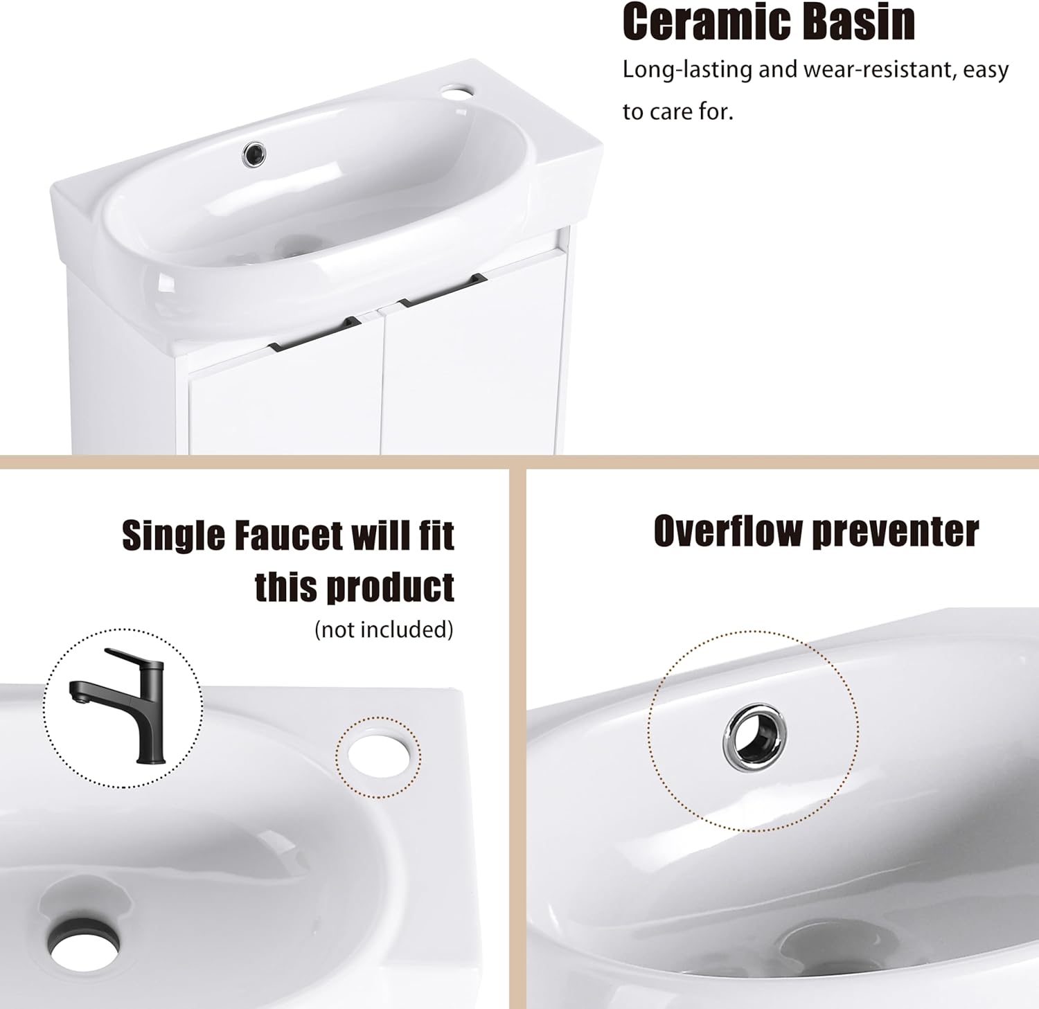 23" Bathroom Vanity with Ceramic Sink, Freestanding Vanity Combo, Modern Floor Stand Single Sink Cabinet Set with Soft-Close Doors,White