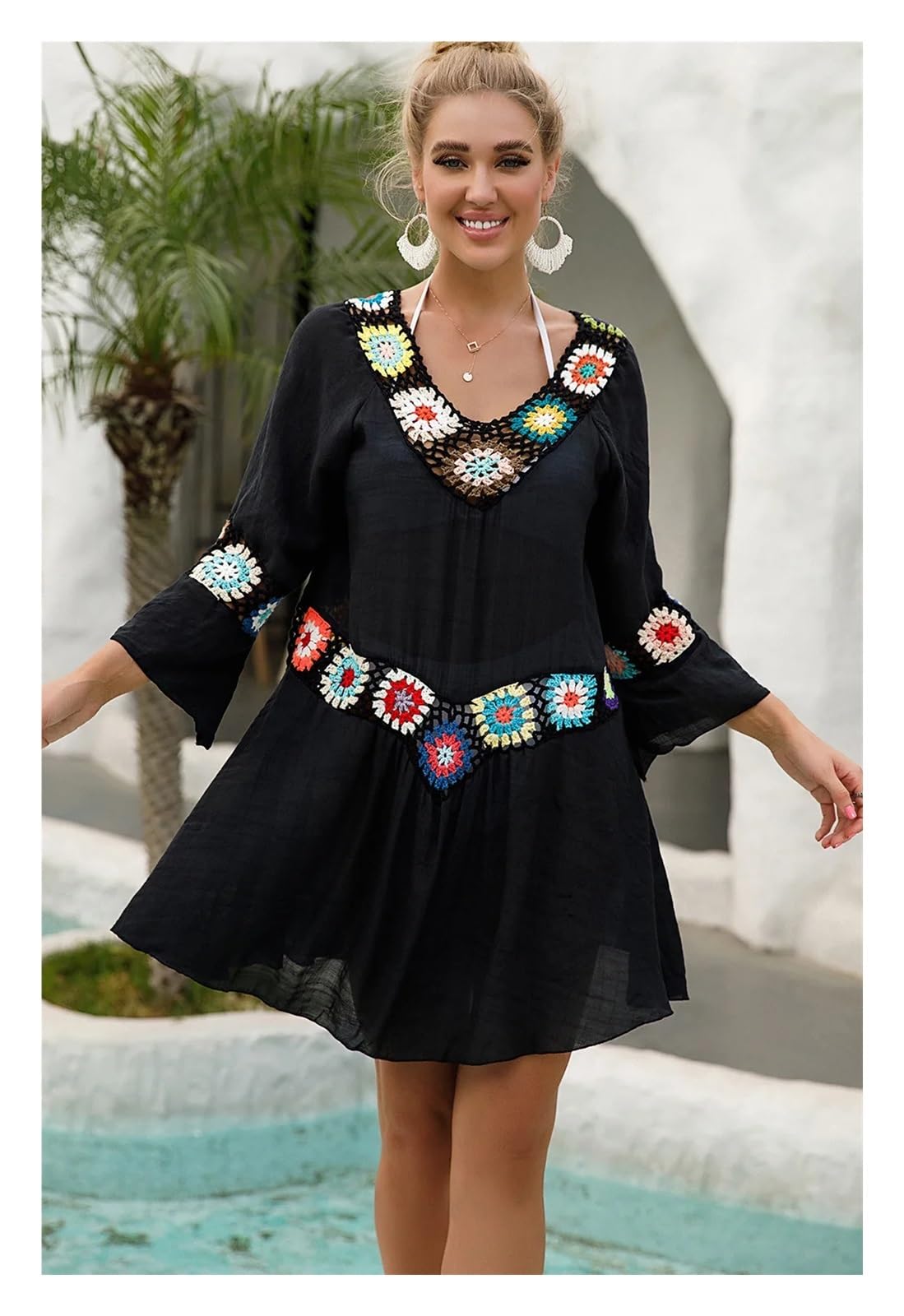 Bikini Cover Ups Damen Strandkleid Strandkleider Strandponcho Strandkleid Strandponcho Strandkleid Strandponcho(Black)