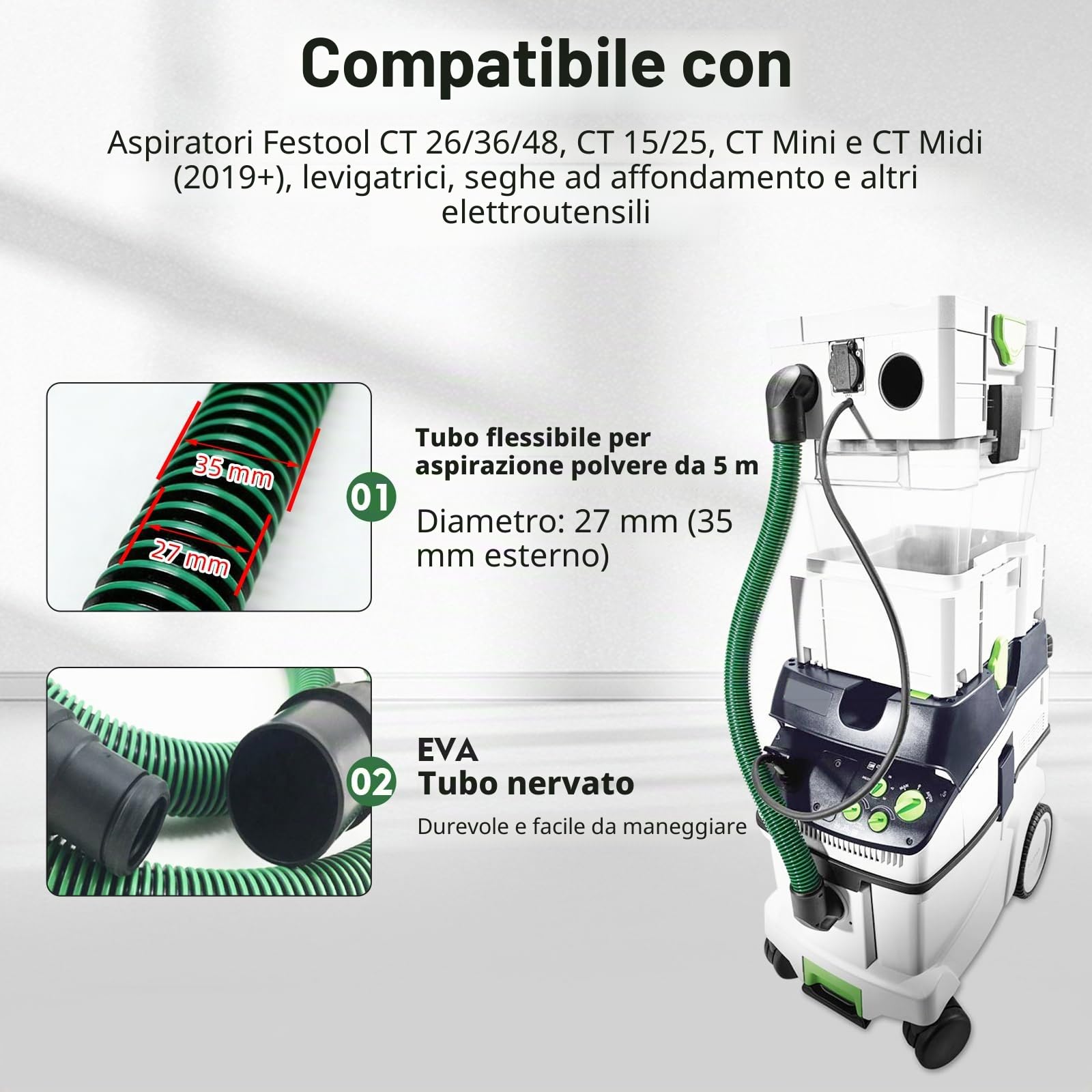 Tubo Aspirazione Polvere 5 m Compatibile con Festool CT 26/36/48 | CT 15/25, CT Mini & CT Midi dal 2019, D27 (Ø35 mm) Tubo Aspirazione per Levigatrici e Sistemi di Aspirazione