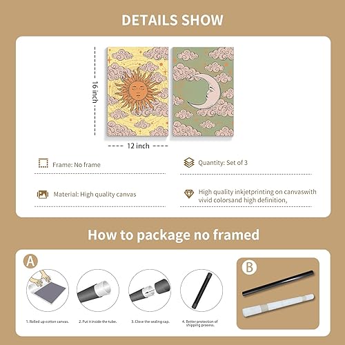 Miniatura 6 de ytreyoimro Juego de 2 lienzos artísticos de pared con sol y luna, póster psicodélico celestial de los años 70, tarjeta de tarot místico, arte hippie