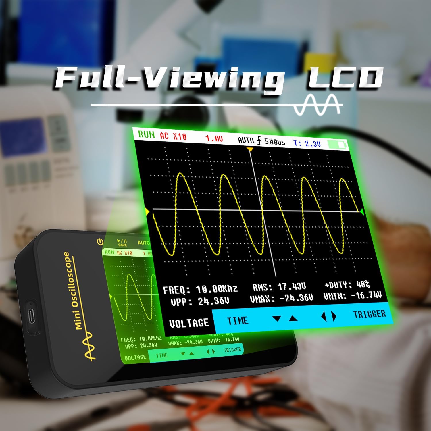 BSIDE OT5 Handheld Digital Oszilloskop Klein Mini 50MHz Bandbreite 200MSa/s Abtastung Tragbares Oszilloskop Wiederaufladbar Ultraflach mit 3.2 Zoll Full View Farb-LCD für KFZ Audio Elektronik