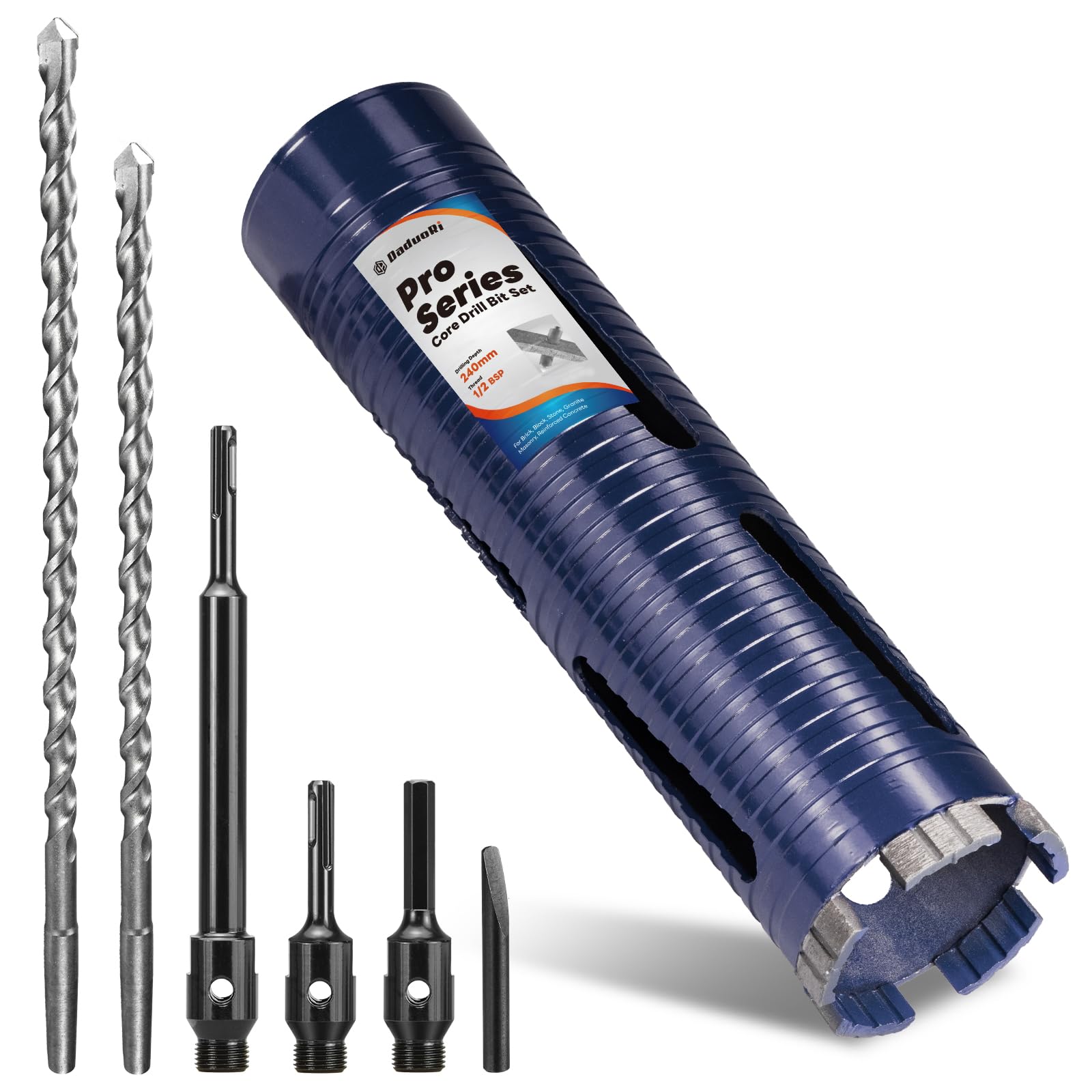 DaduoRi Pro 67mm x 240mm Core Drill Bit Set, Includes 3 Adapters(240mm & Regular SDS Plus, Hex), 2 Extra Long Centre Bits (280mm/300mm) - For Deep Holes in Concrete, Brick, Block, Stone, 1/2" BSP — image 1