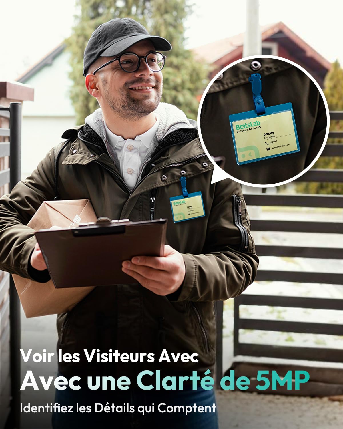 BOTSLAB 5MP Sonnette sans Fil avec Caméra, Vue tête-Pieds 1:1, Détection de Personnes/PIR, Pas de Frais mensuels, Audio bidirectionnel, Carte SD 32 Go installée, Video Doorbell (Batterie), Alexa