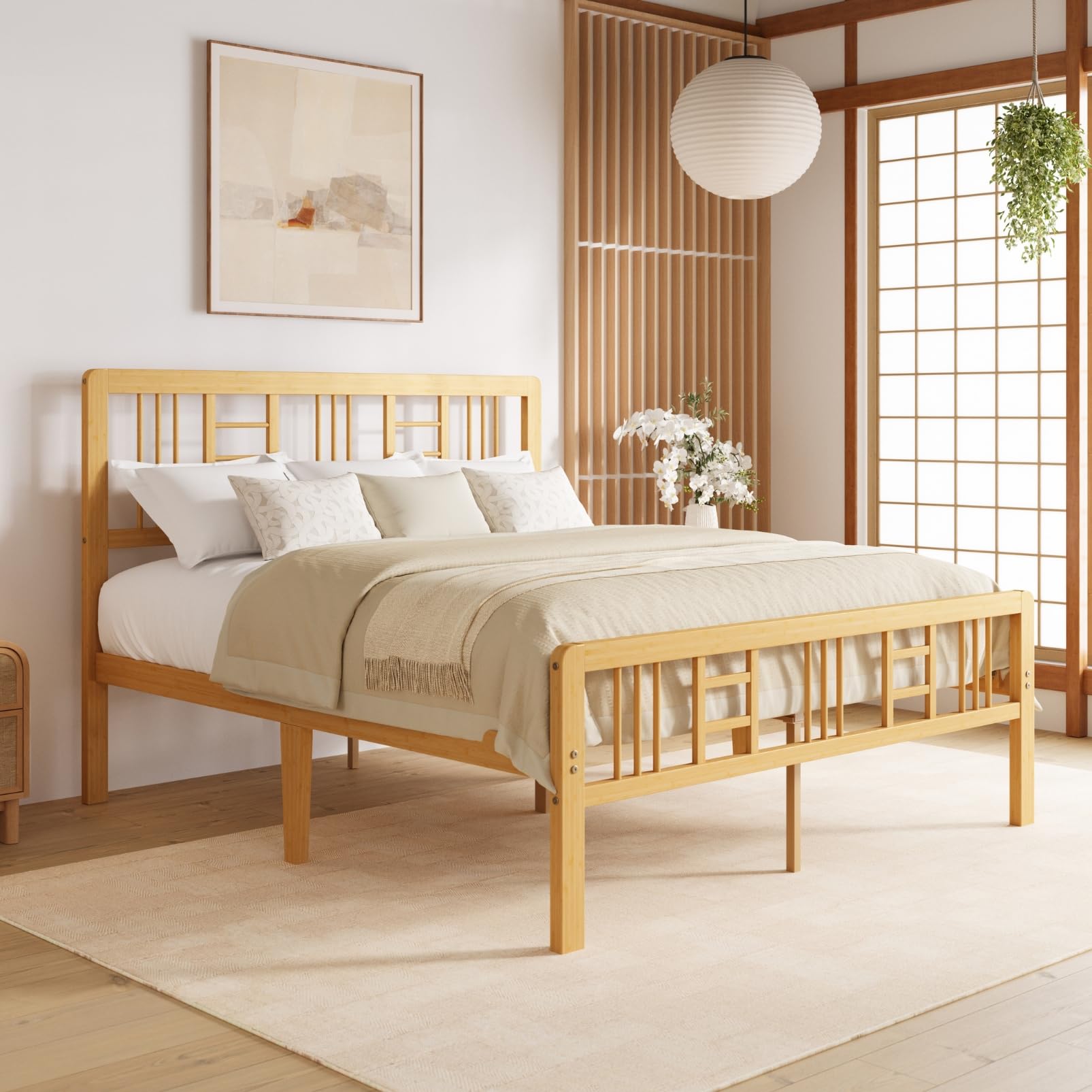 Hunlostten 14 in High Bamboo Wood Full Size Bed Frame with Headboard & Footboard, Platform Bed Frame Full Size with Steel Slats Support, Heavy Duty,