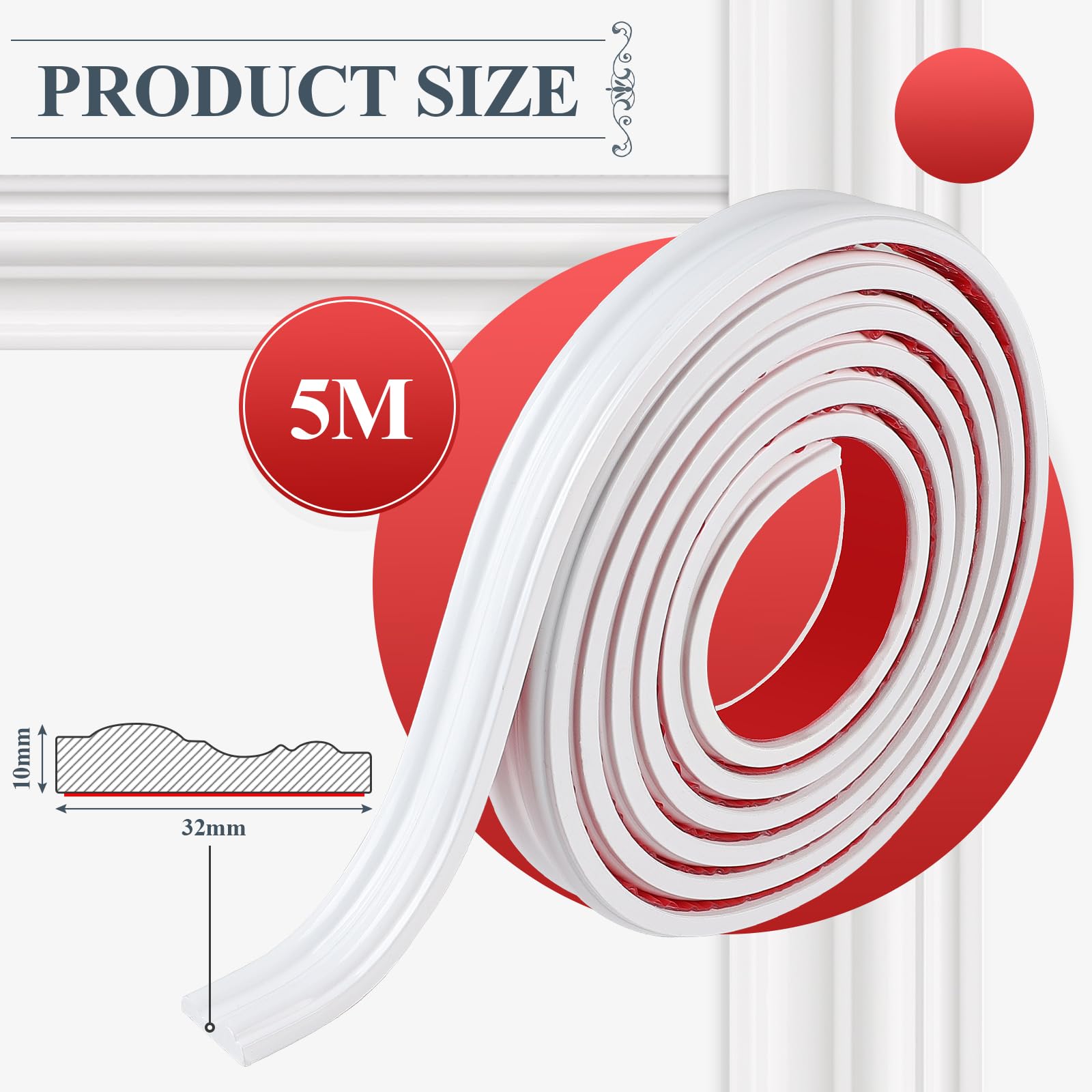 EFUTURETIME 5 Metros Molduras de Pared Autoadhesivas de 32 mm de Ancho Molduras Flexible de PVC Decorativas Brillantes para Bricolaje Espejos Puerta Armarios, Blanco, Modelo YT155
