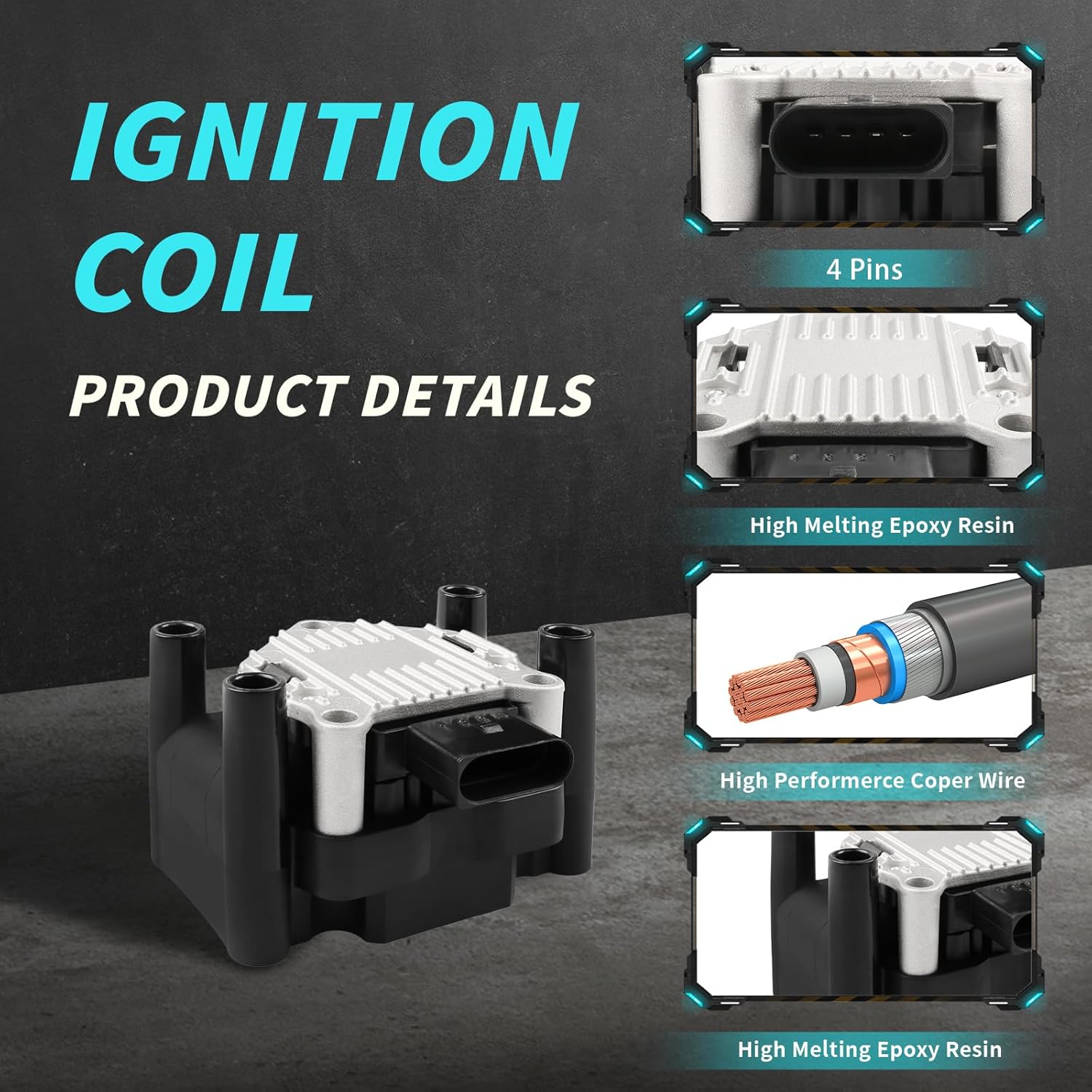 Set of 1 Ignition Coils Pack UF277 GN10018 U2003 032905106E with 4 Iridium Spark Plugs & Spark plug Wire Set Compatible for 1998 1999 2000 2001 2002 2003 2004 2005 Volkswagen Jetta Golf Beetle L4 2.0L