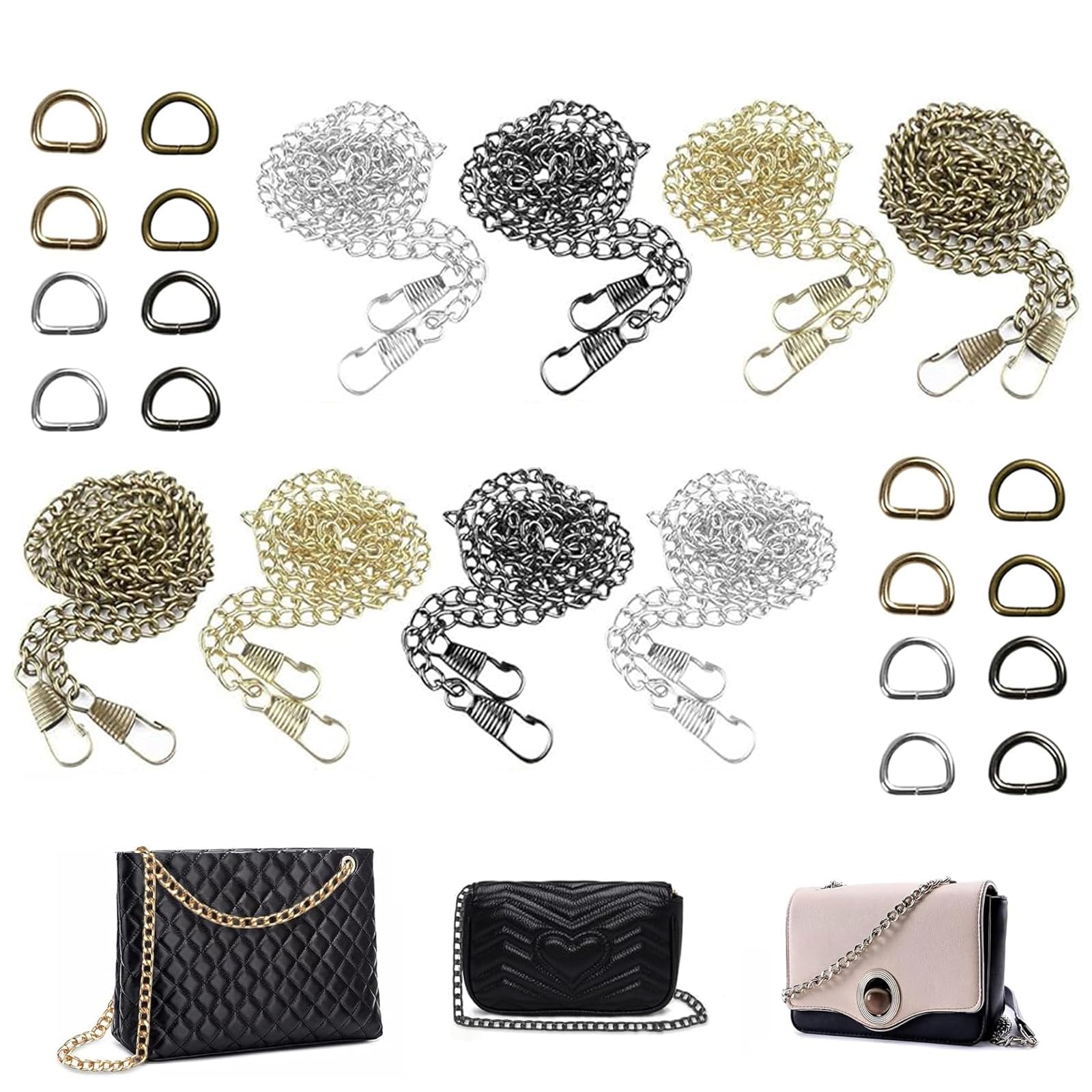 8 Piezas Cadena para Bolso, DIY Cadenas para Bolsos, 120 cm con 16 anillas en D para bolso bandolera, Cartera(oro/plata/bronce/color arma)