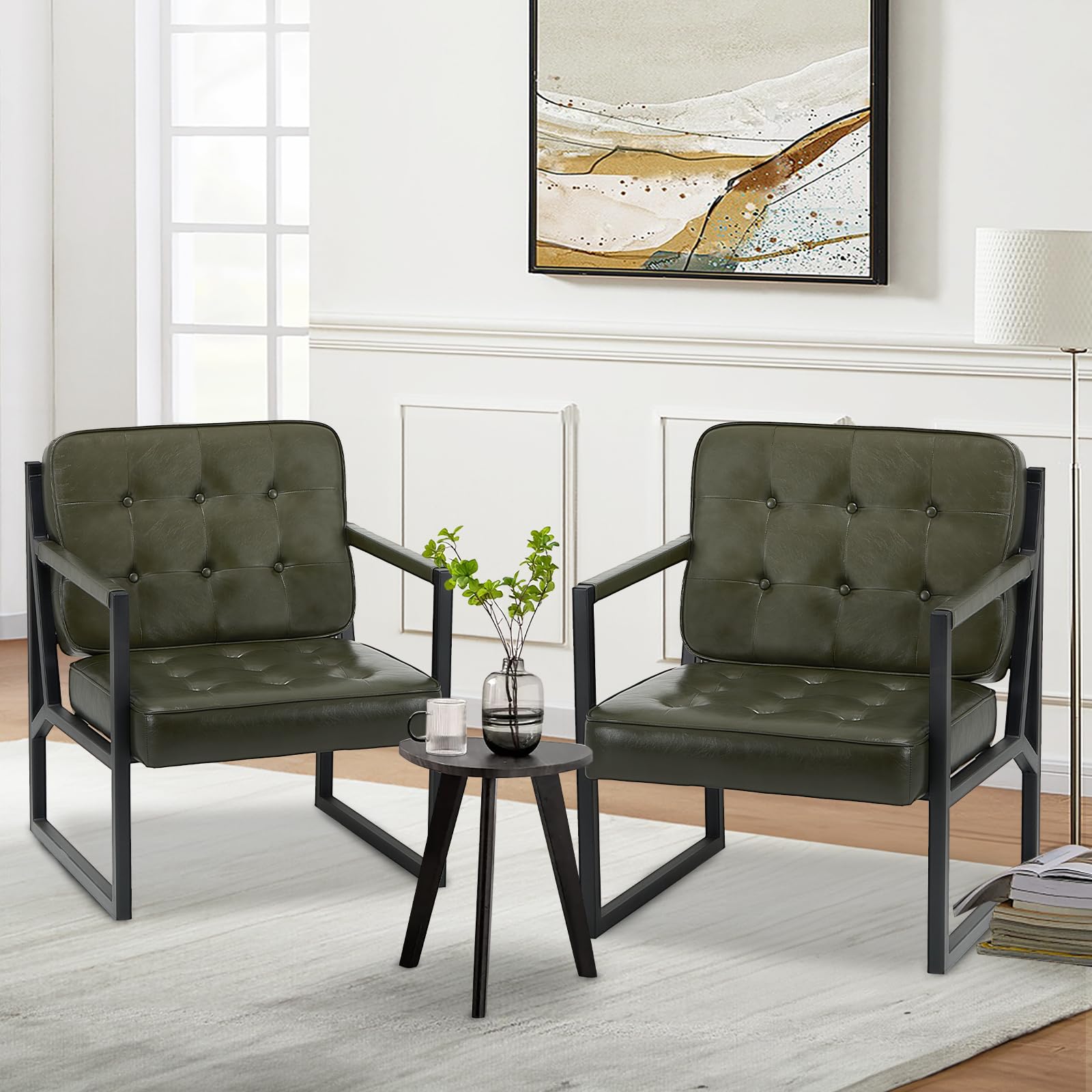 Accent Chairs Set of 2, Modern Accent Arm Chairs for Living Room, Comfy Leather Armchairs with Metal Legs for Bedroom Reception Room, Green