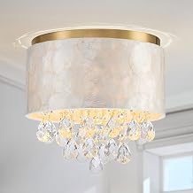 LumFurn D12in Drum Capiz Shell Crystal Ceiling Light, 3-Light Coastal Style Flushmount Light Fixture for Entryway, Bedroom, Kitchen, D12xH11in, Shell Lampshade & Gold Finish Frame