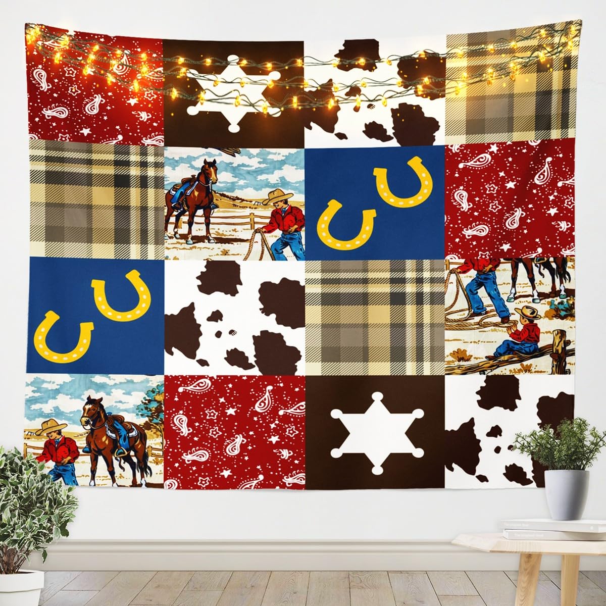 Loussiesd Western Decor Wall Hanging Large 58x79 Inch Kids Wild West Cowboy Tapestry Horse West Texas Star Cow Print Horseshoes Wall Blanket for Room Decor Grid Wall Art