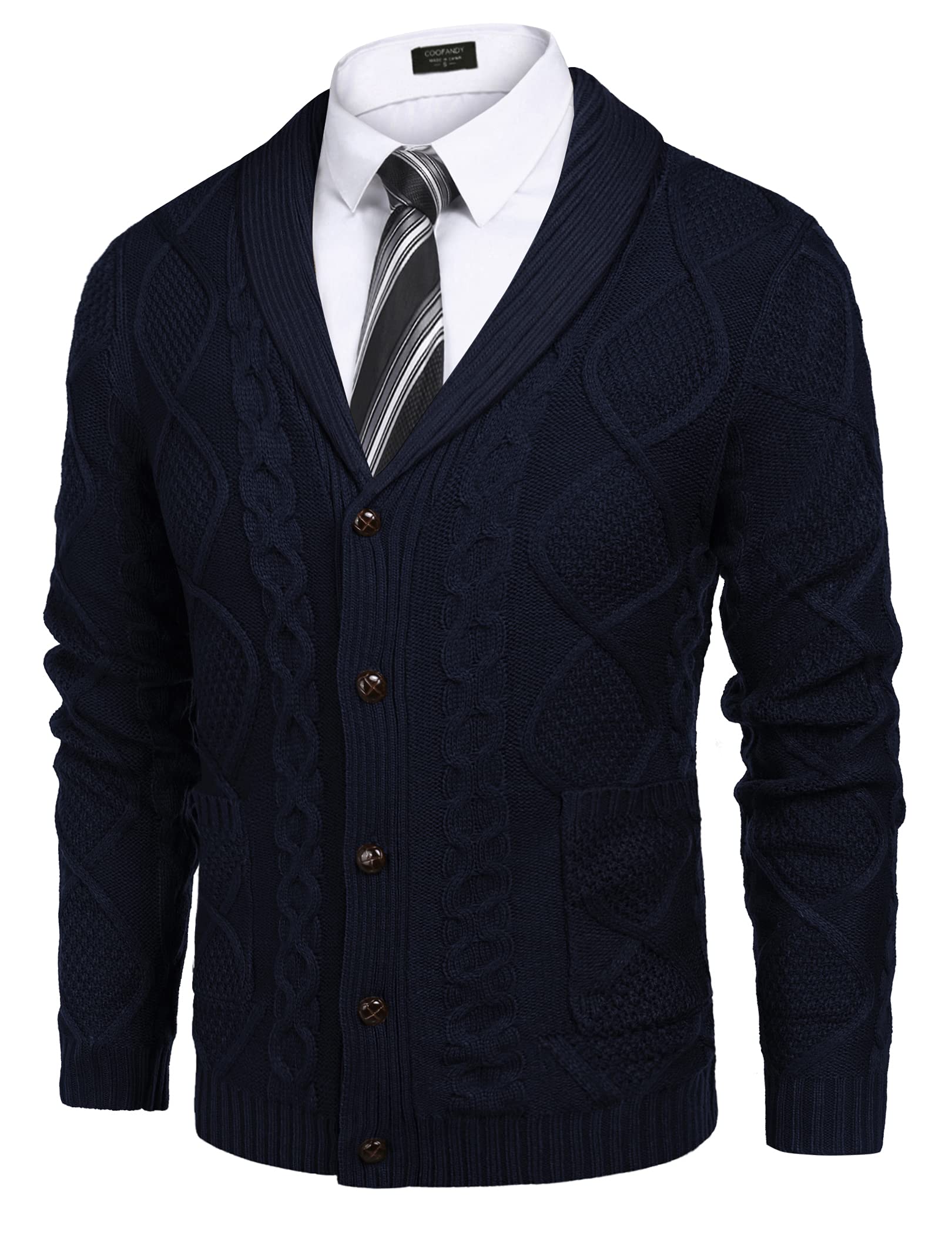 COOFANDYMens Shawl Collar Cardigan Sweater Slim Fit Button Down Cable Knitted Sweater with Pockets