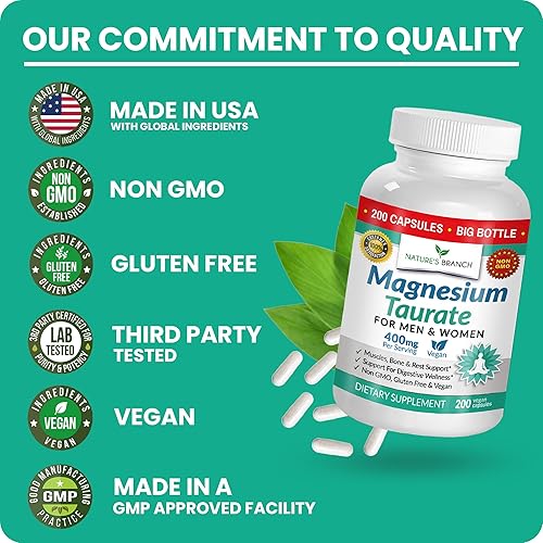 Miniatura 6 de Taurato de magnesio 400 mg  Alta absorción  200 cápsulas para dormir, salud cardíaca, calma y suplemento articular para mujeres y hombres  Fabricado