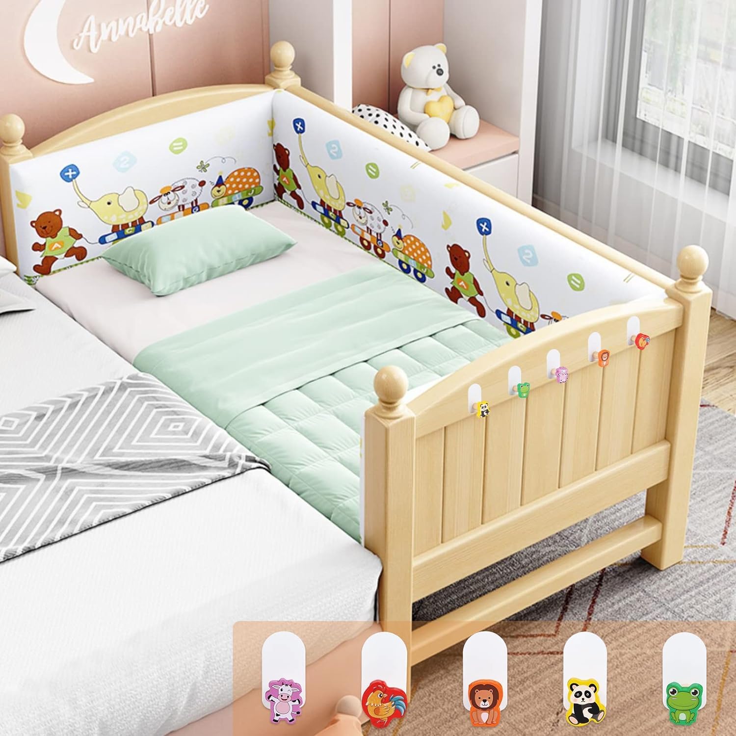 Ganci Appendiabiti per Bambini 5 Pezzi, a Parete, Animali Autoadesivi, Legno, Senza Foratura