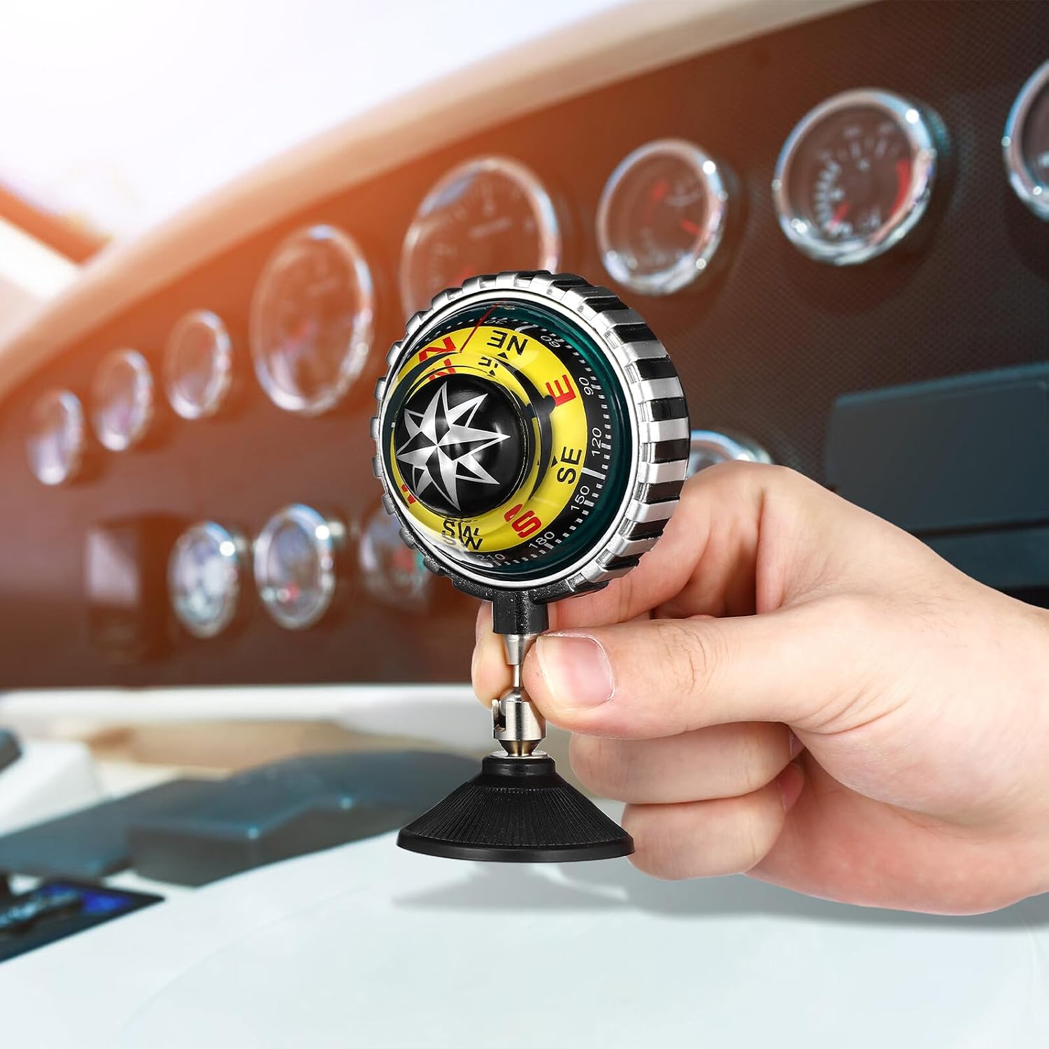 Vehicle Marine Compass with Suction Cup Dashboard Mount Yellow Automotive Compass for Car and Boat Navigation for Hiking and Outdoor Use