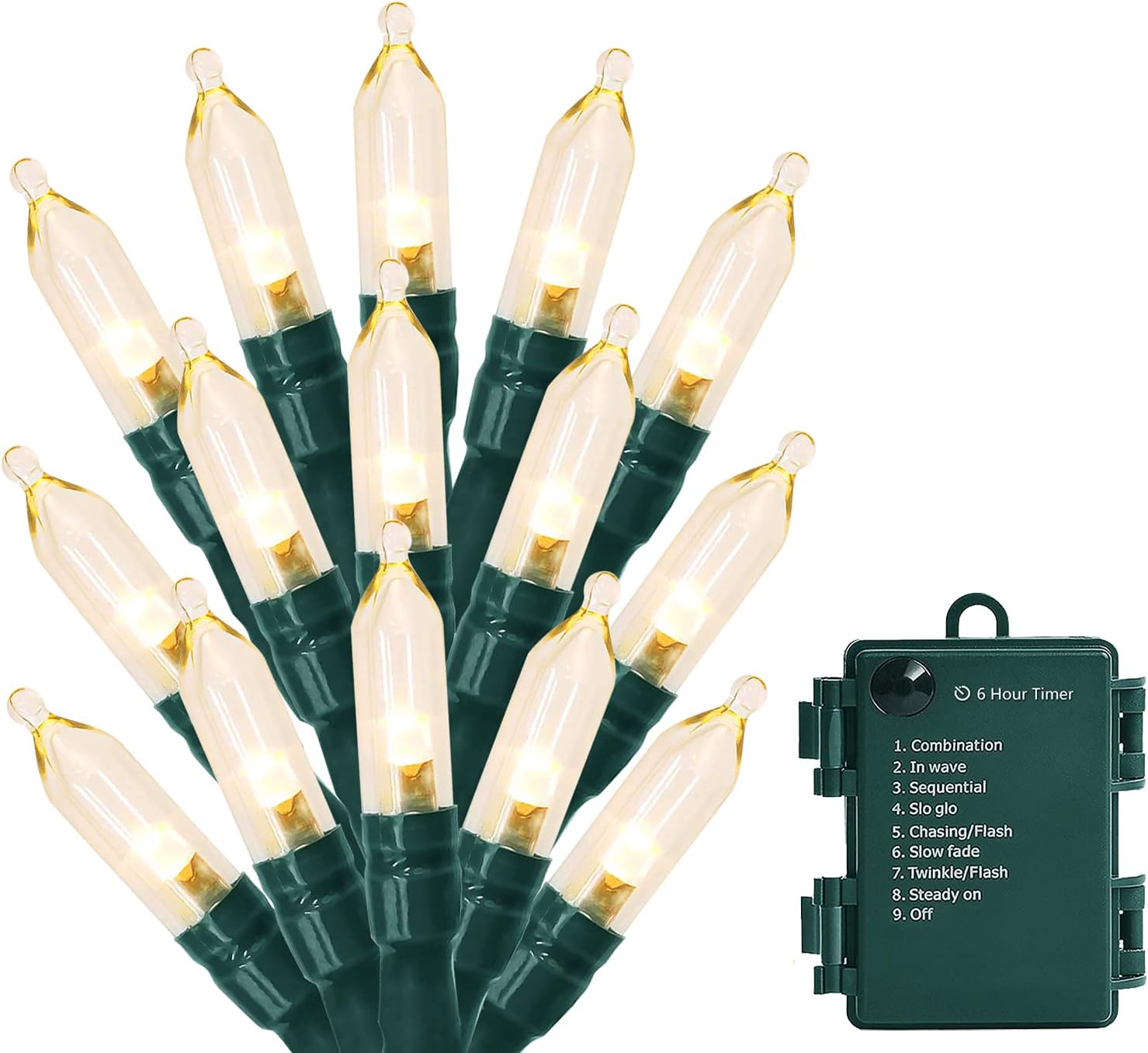 - Christmas Light, 33ft 100 LED Battery Operated String Lights with Auto Timer & 8 Modes, Green Wire Outdoor Waterproof String Lights for Outdoor and Indoor Christmas Decor – Warm White