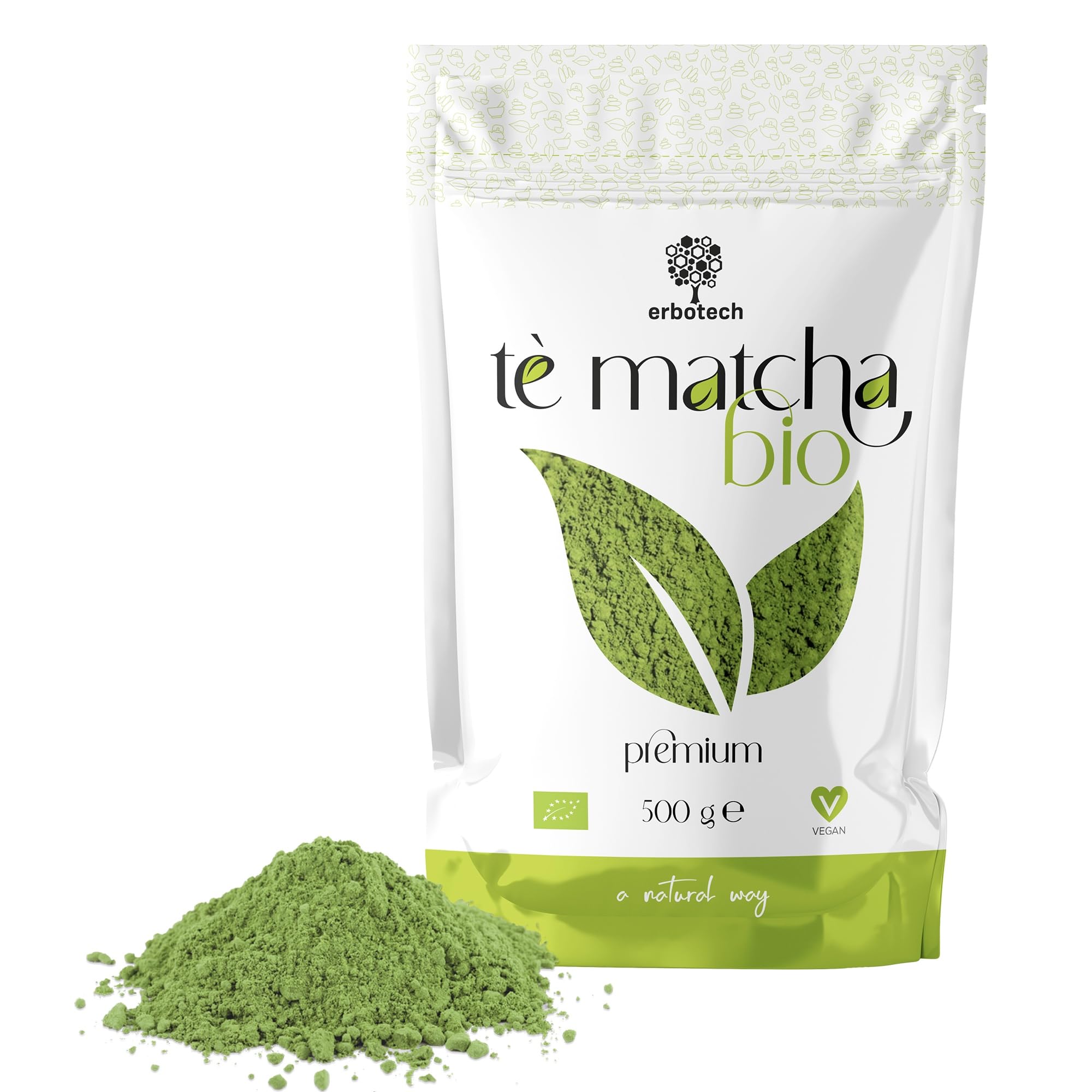ERBOTECH Matcha Tee BIO/Japanisches Biologische Grüntee Pulver 500 g, 100% Natürliches Multivitamin, Premium Qualität, Vegan, Ideal für Kuchen, Smoothies, Eistee