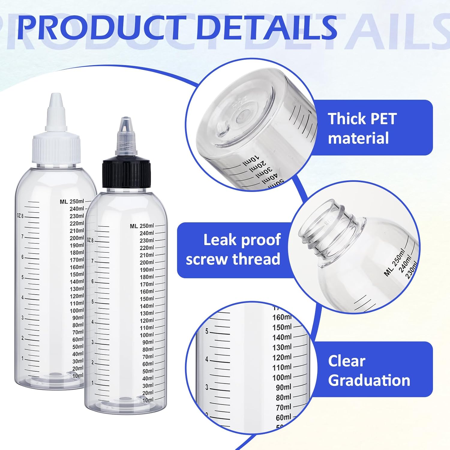 60 Pcs Plastic Squeeze Bottle 8.5 oz Graduated Condiment Bottles with Twist Top Cap Plastic Dispensing Bottle Hair Oil Applicator Squeeze Bottles with Measurement for Liquids Ink Oils Sauces