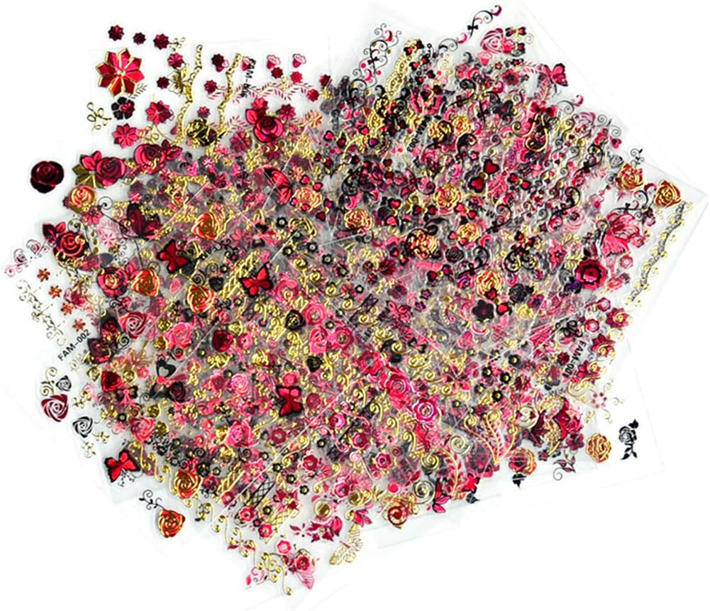 3D Nail Stickers for Women Nail Art Supplies Self-Adhesive Nail Decals Tattoo Red Gold Rose Butterfly Line Nail Art Stickers Natural Acrylic Finger Nail Decorations Accessories (30 Sheets)