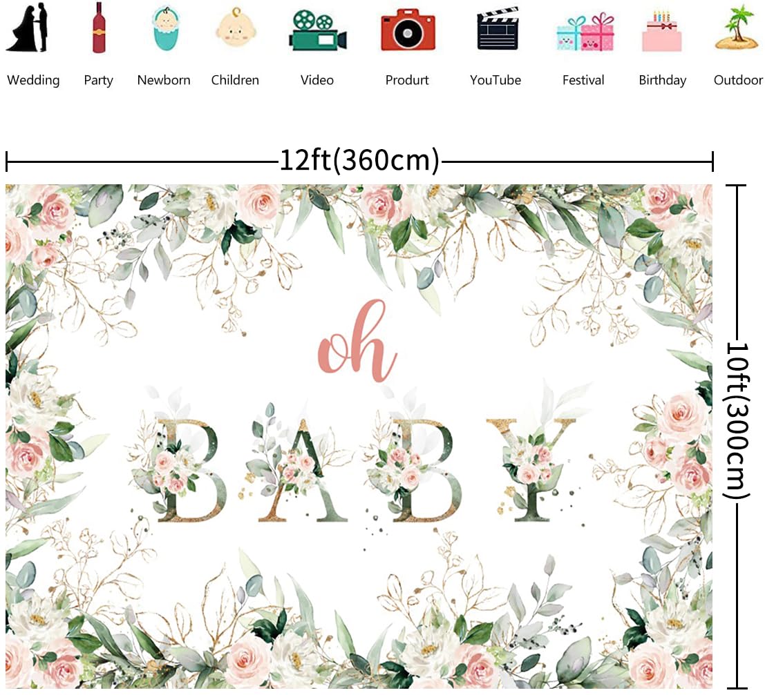 3.6x3m Telón de Fondo Baby Shower Oh Baby Girl Blush Pink y Oro Floral Verde Hojas de eucalipto Fotografía de Fondo recién Nacido Baby Shower Cumpleaños Decoraciones Banner Photo Booth Props
