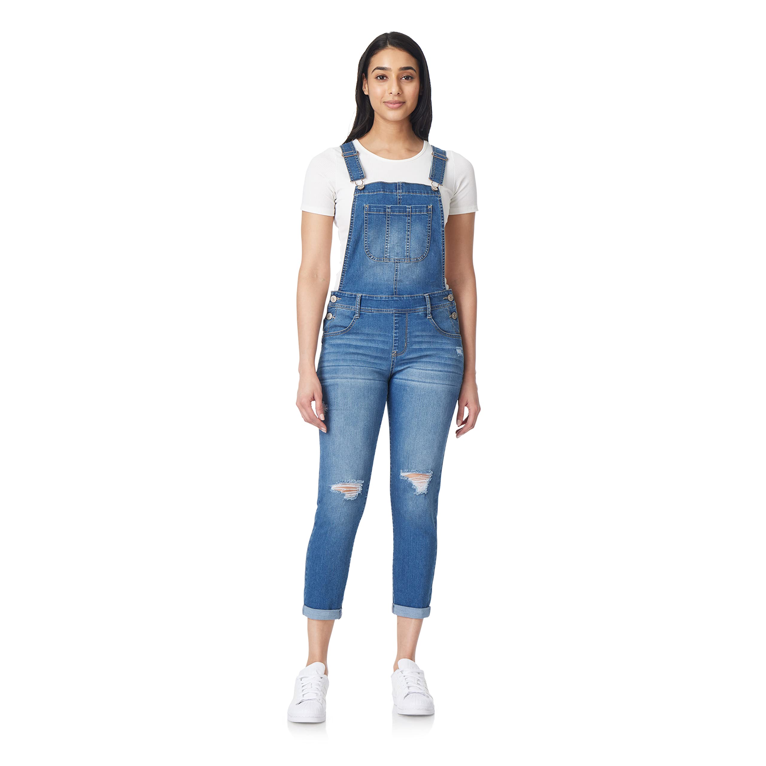 WallFlower Women's Juniors Instastretch Mid-Rise Denim Overalls (Standard and Plus), Danner, XL