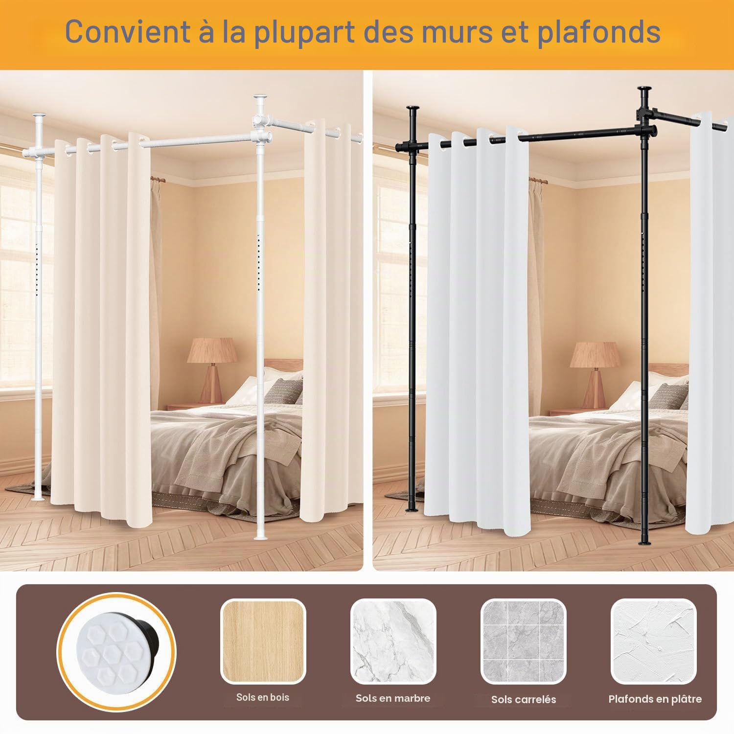 Séparateur de pièce sans perçage, réglable en hauteur (122-320 cm) et largeur (70-355 cm), tringle à rideau, brise-vue pour salon, chambre à coucher, métal, instructions en allemand/blanc