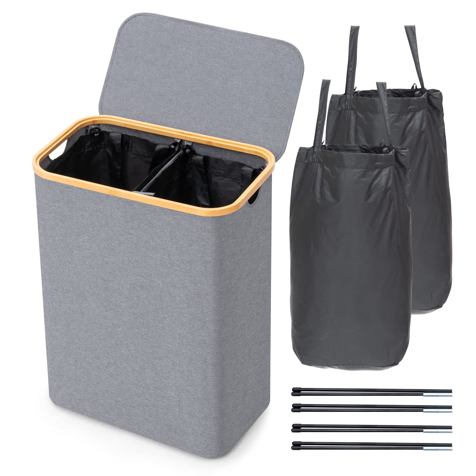 BRIAN & DANY 123L Laundry Basket with Lid, Large Laundry Hamper Organizer 2 Section with Removable Bag Liner for Bathroom and Bedroom (Grey)