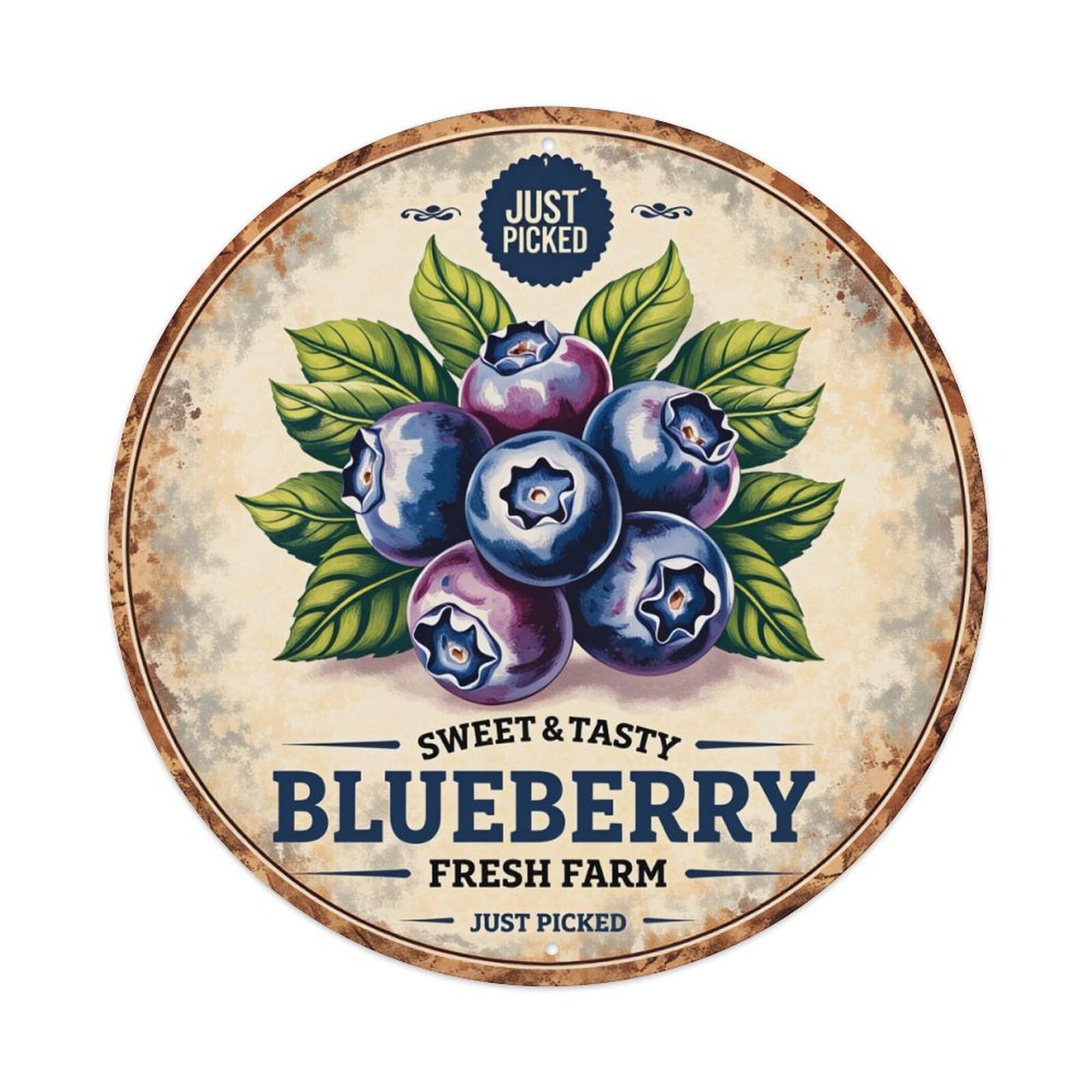 Blueberry Farm Fresh Picked Sweet Round Tin Sign Vintage Metal Poster, Home Bar Garage Man Cave Cafe Indoor & Outdoor Wall Decoration 8x8Inches