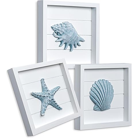 TideAndTales Blue Seashells and Starfish (Framed Set of 3) Coastal 3D Wall Art, Beach Wall Decor for Bathroom or Coastal Bedroom, Ocean Inspired Seaside Decorations for Home or Beach House (7