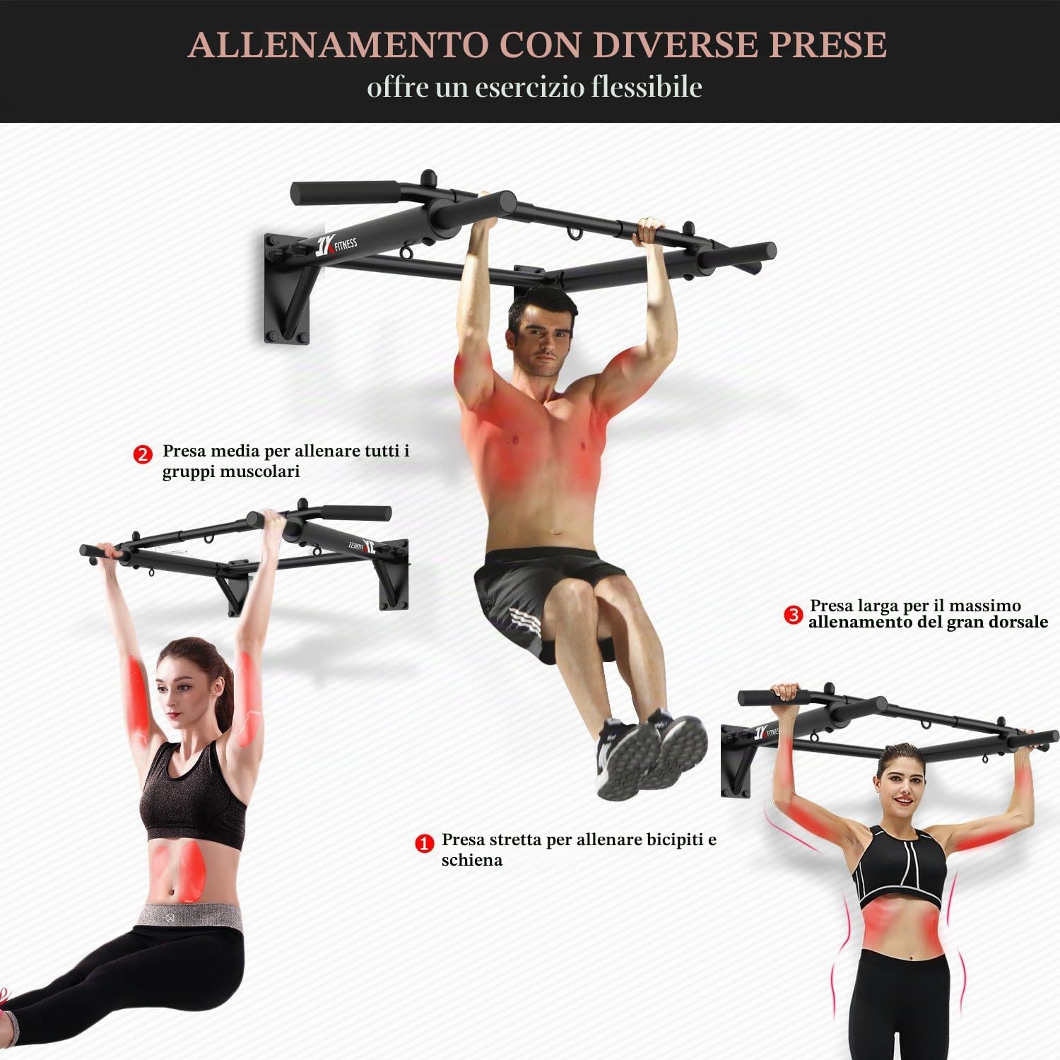 JX FITNESS Barra Trazioni a Muro Multifunzione Sbarra Per Trazioni Pull Up Bar, 3 Occhielli Per TRX e Sacca da Box, Addominali Workout