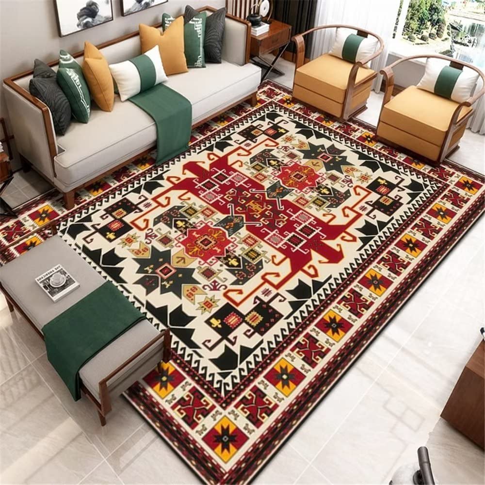 Grand Tapis Salon Rouge Floral et Géométrique Style Rétro Tapis Salle à Manger Haute Qualité
