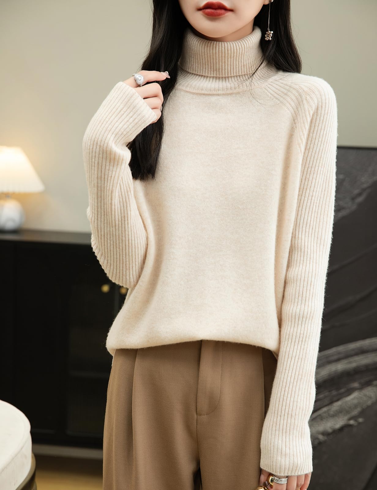 Chanyarn 100% Lain Merino Pulls Femmes Tricot Manche Longues col Haut Vintage Pullover Basique pour Automne Hiver