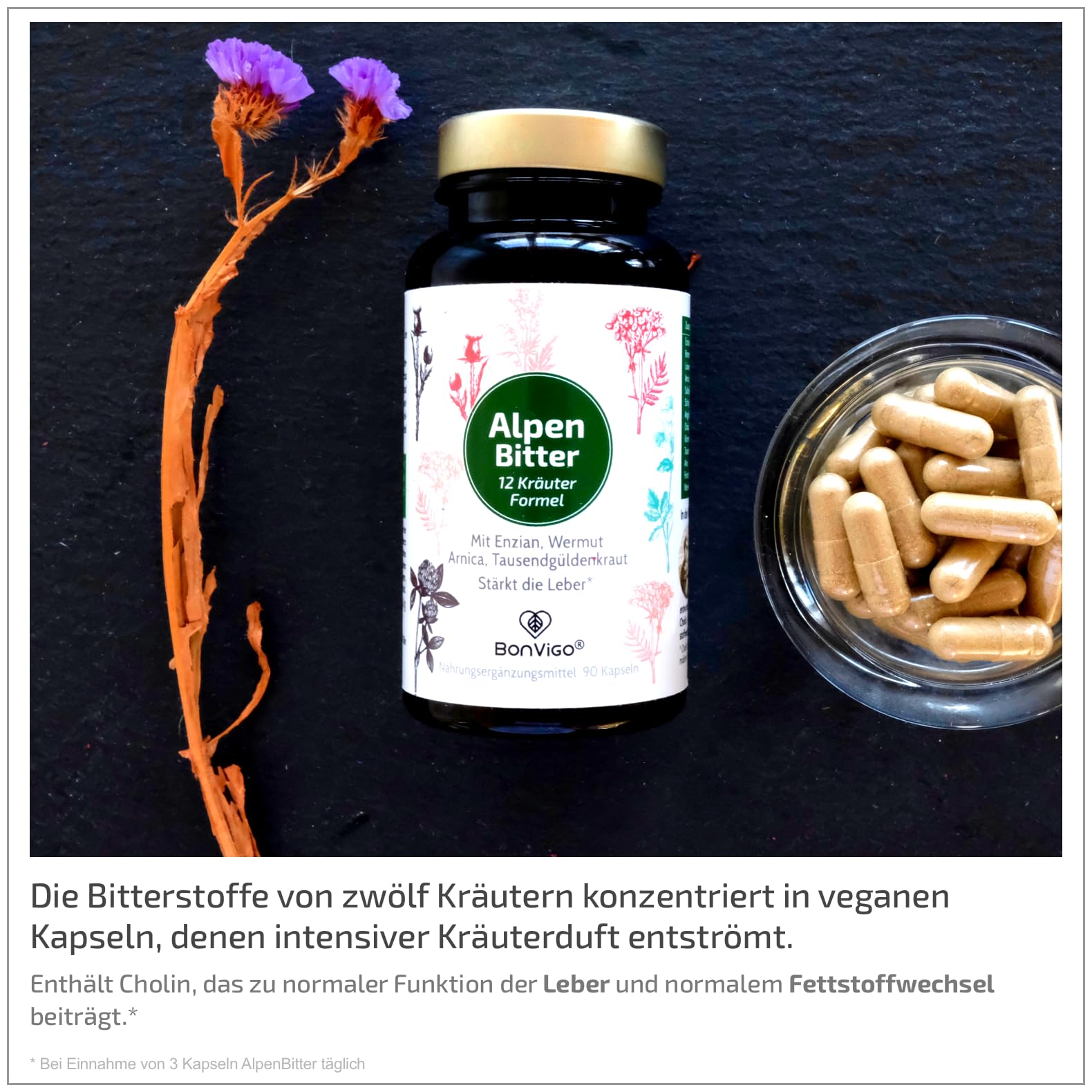 AlpenBitter 3 Monate - 13 Kräuter Bitterstoffe Formel mit Mariendistel, Enzian, Wermut & Löwenzahn – Cholin unterstützt Leberfunktion & Fettstoffwechsel – Nach altem Klosterrezept (3)