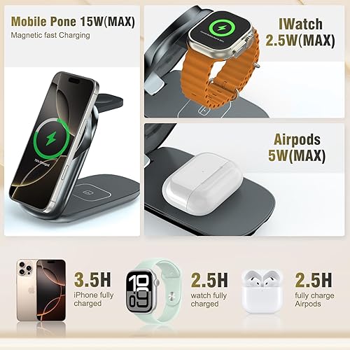 Miniatura 2 de Estación de carga plegable 3 en 1 para iPhone 16e1615141312 compatible con Apple Watch 109876543 Ultra, estación de carga inalámbrica para Airpods43