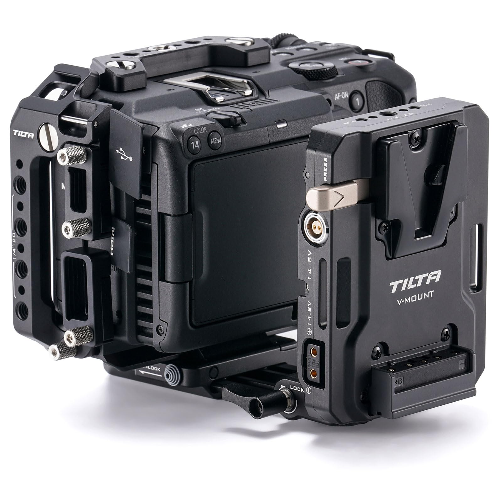Tilta C50 Cage, Kamerakäfig-Power-Kit Kompatibel mit C50 mit ARCA-Empfänger, V-Mount-Batterieplatte – Schwarz TA-T93-C-B