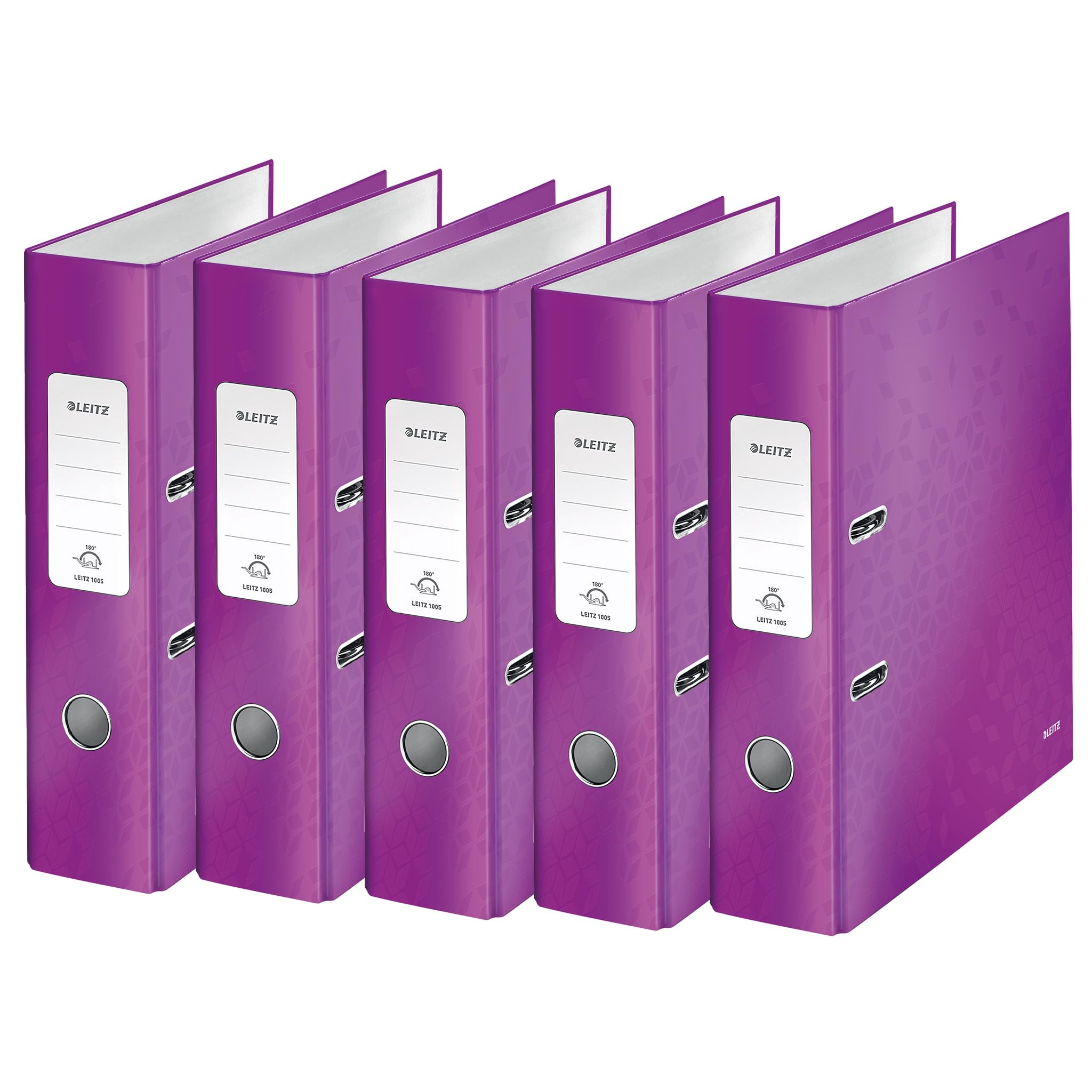 Leitz 10054062 Quality Folder 180° Pack of 5 A4 8 cm Spine Width Laminated Grey Board Violet Wow Series Design May Vary — image 1