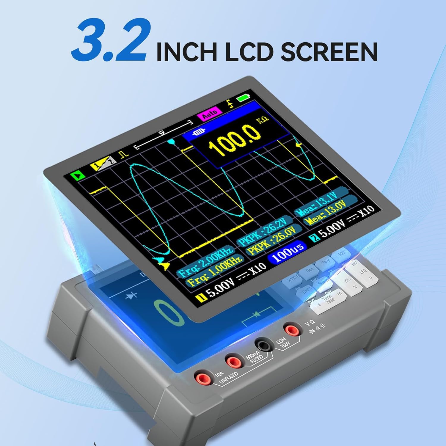 Oscilloscopio digitale 3 in 1, DSO3D12, oscilloscopio a 2 canali, multimetro e generatore di segnale, larghezza di banda 120 MHz, frequenza di campionamento 250/s, display IPS da 3,2 pollici, design