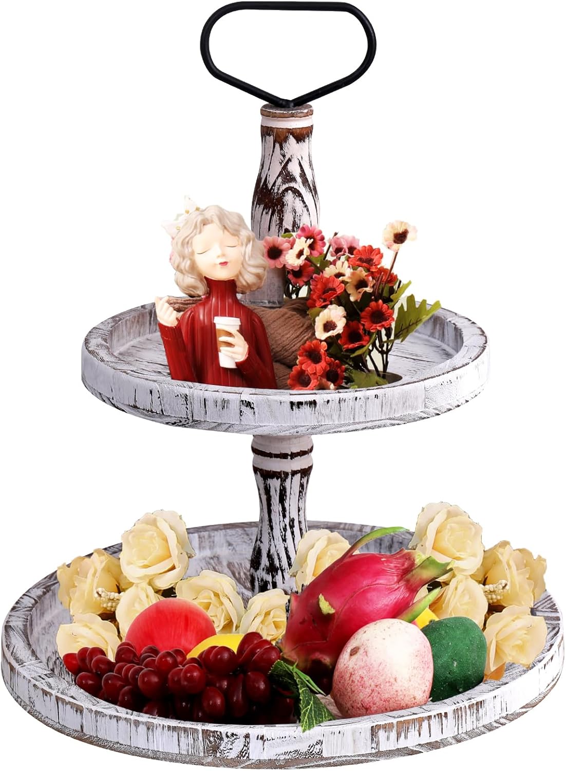 Tiered Tray Two Tier Trays Round Rustic Cupcake Stand,Serving Cakes Holder with Handle for Living Room,Party