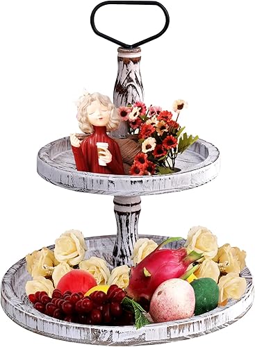 Bandeja escalonada Bandejas de dos niveles Soporte redondo rústico para magdalenas, soporte para servir pasteles con asa para sala de estar, fiesta