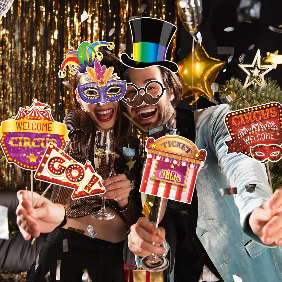Accesorios para fotomatón de carnaval, 30 piezas de decoraciones de carnaval, decoraciones de fiesta temática de circo, accesorios divertidos para selfies para fiestas temáticas de circo