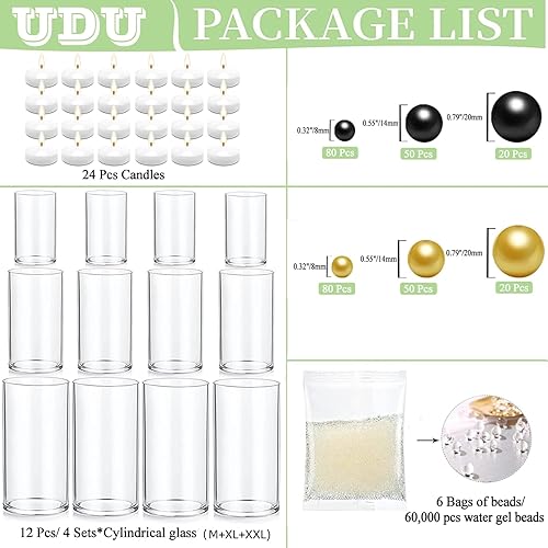 Miniatura 2 de Juego de 12 portavelas de huracán, jarrones cilíndricos de vidrio para centros de mesa con 60000 cuentas de agua, 300 perlas sin agujero, 24 velas