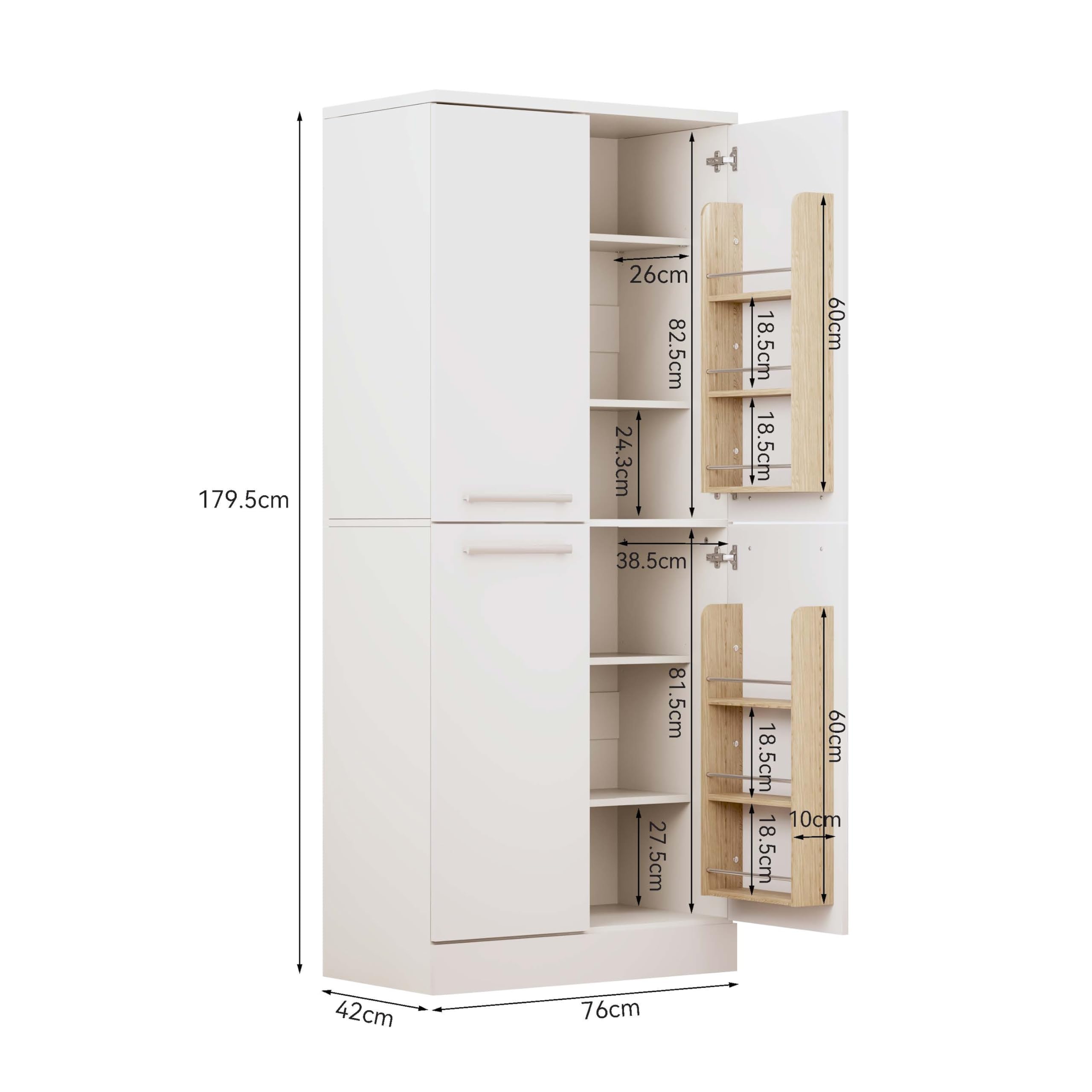 Muskel Kitchen Pantry Gabinete alto blanco brillante, armario de 4 puertas en diseño de frigorífico, estantes ajustables en altura, armario de cocina grande con asas de metal, 76 x 42 x 180 cm